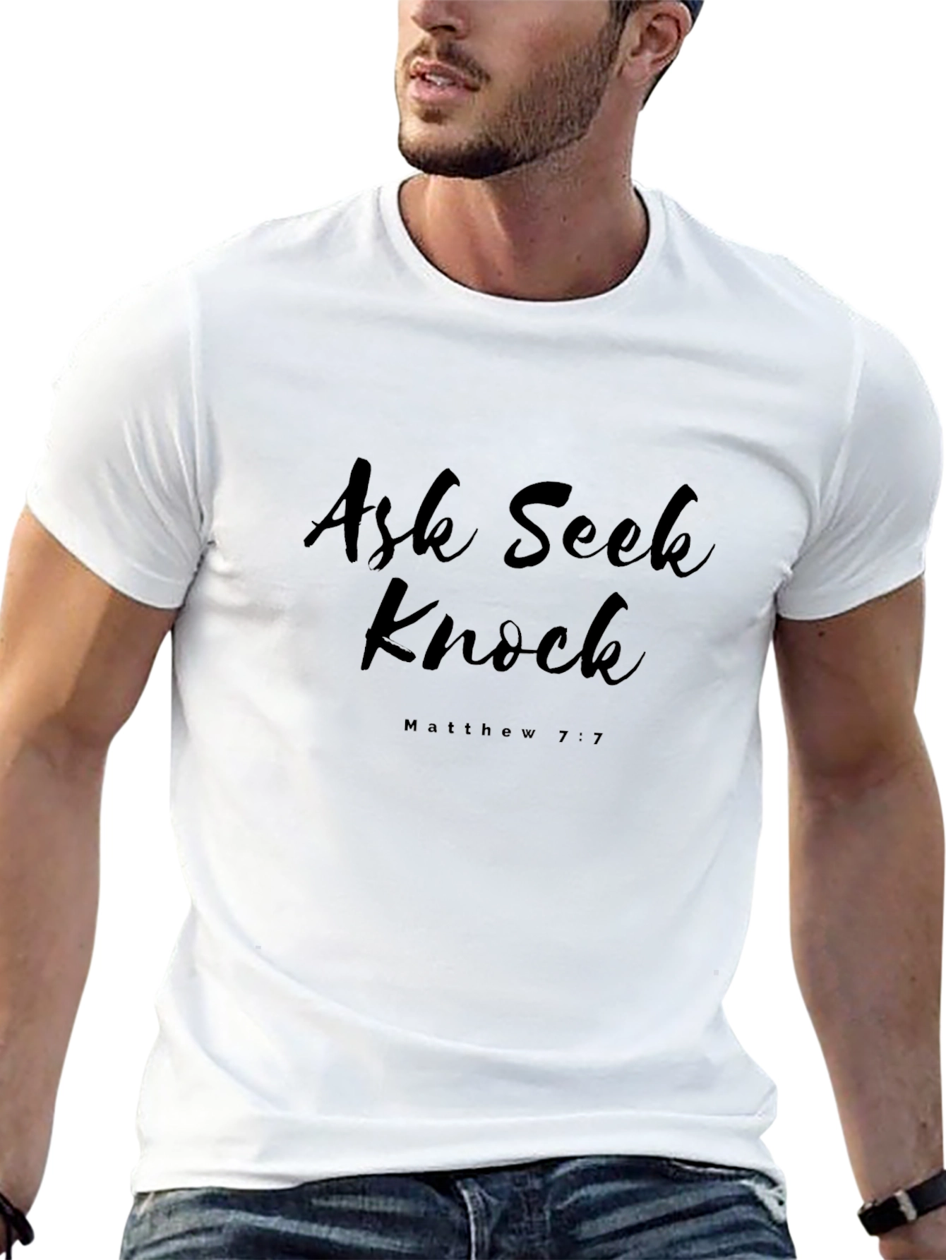 Camiseta Negra Ask Seek Knock Matthew 7:7