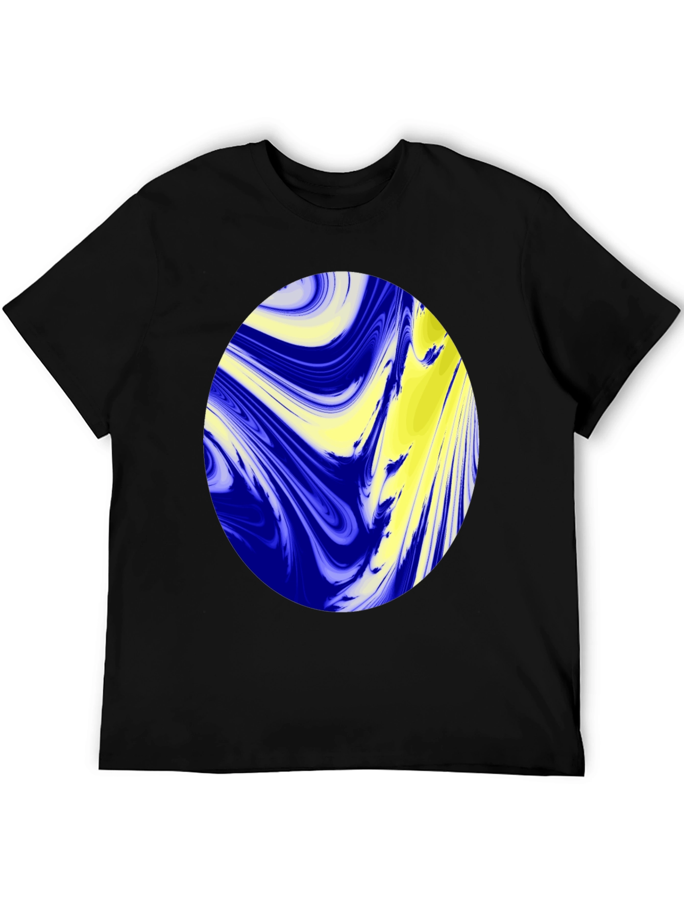 Camiseta Negra con Diseño Abstracto Azul y Amarillo