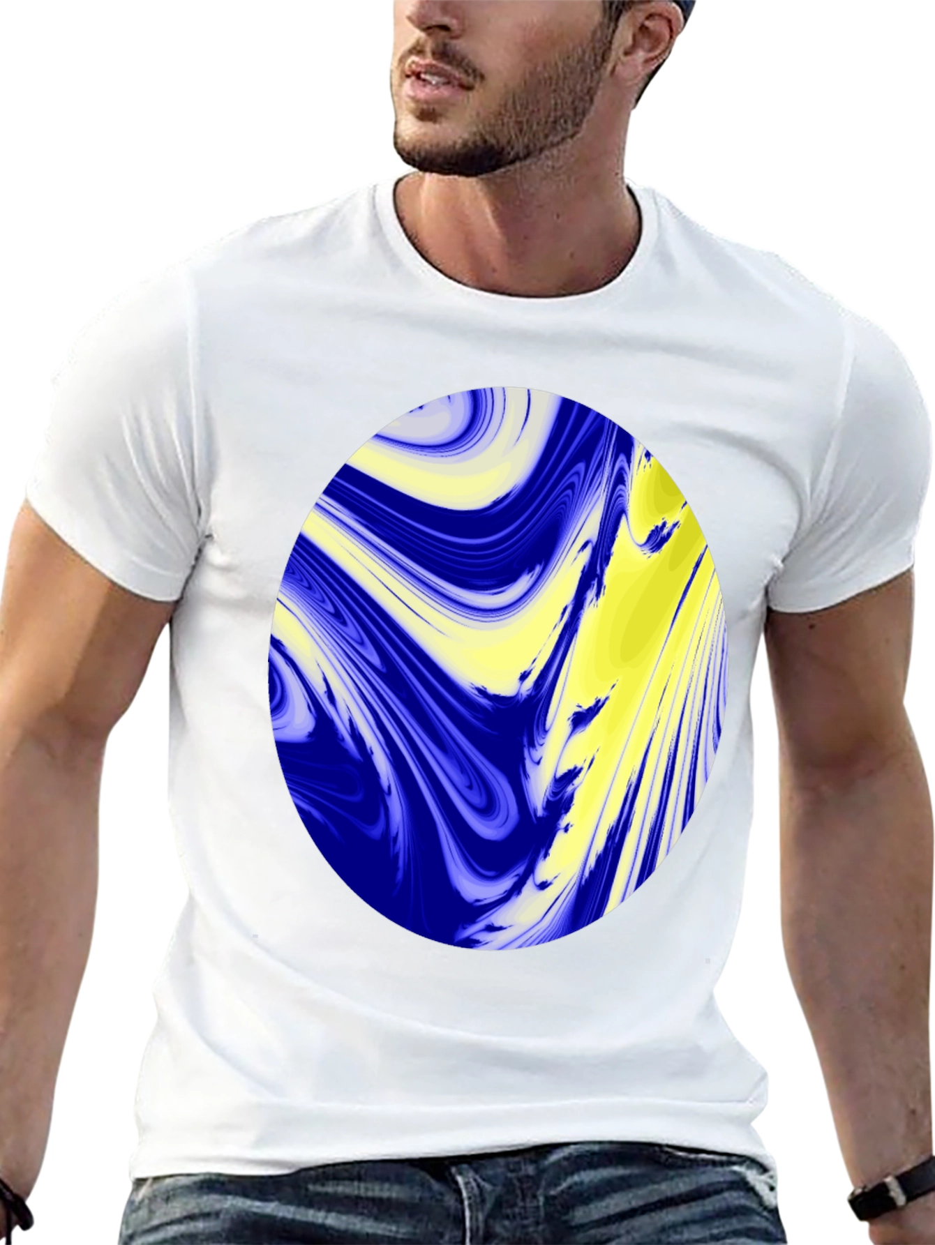 Camiseta Negra con Diseño Abstracto Azul y Amarillo