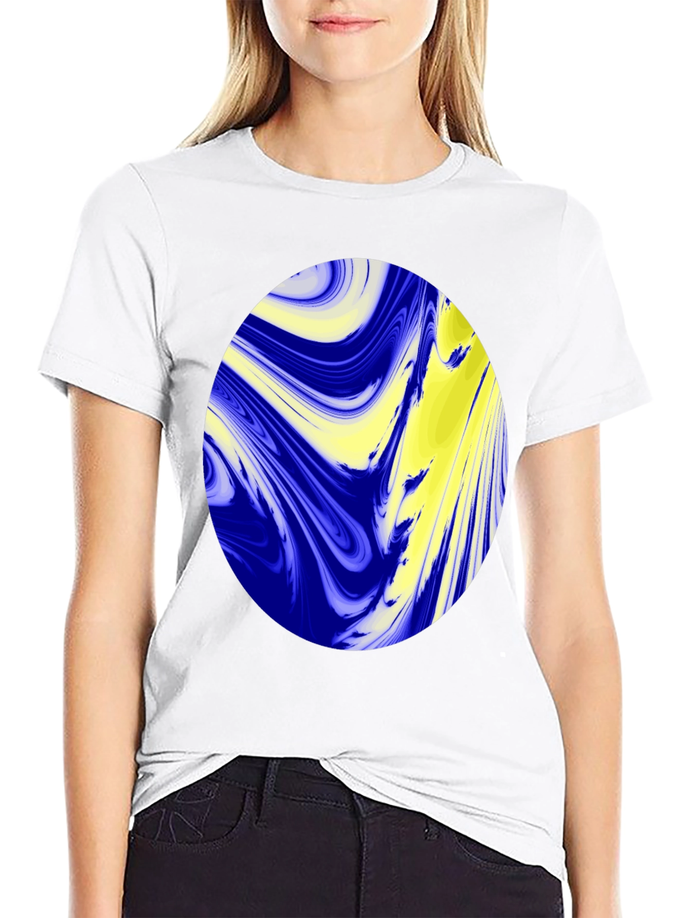 Camiseta Negra con Diseño Abstracto Azul y Amarillo