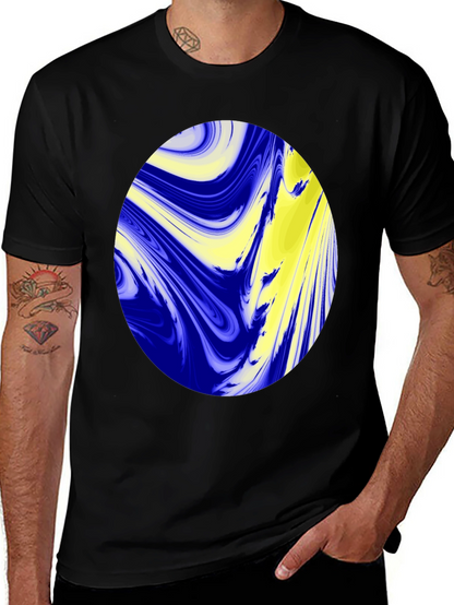 Camiseta Negra con Diseño Abstracto Azul y Amarillo
