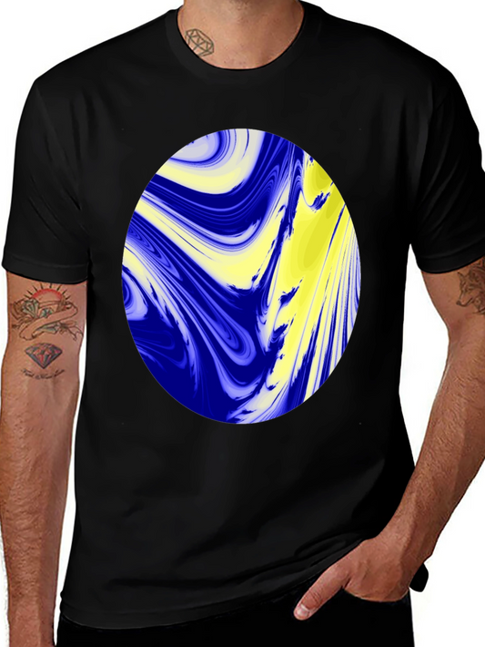 Camiseta Negra con Diseño Abstracto Azul y Amarillo