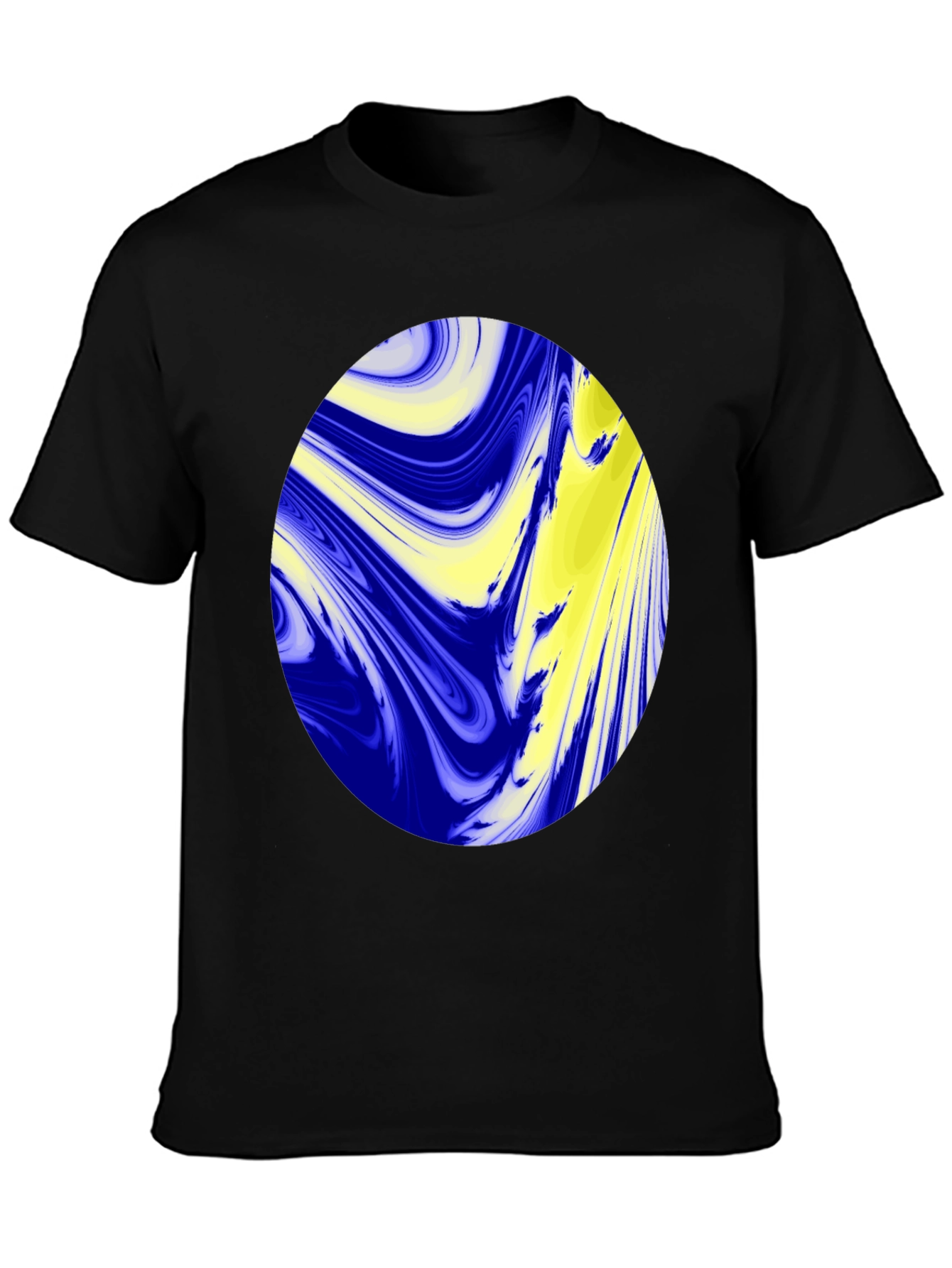 Camiseta Negra con Diseño Abstracto Azul y Amarillo