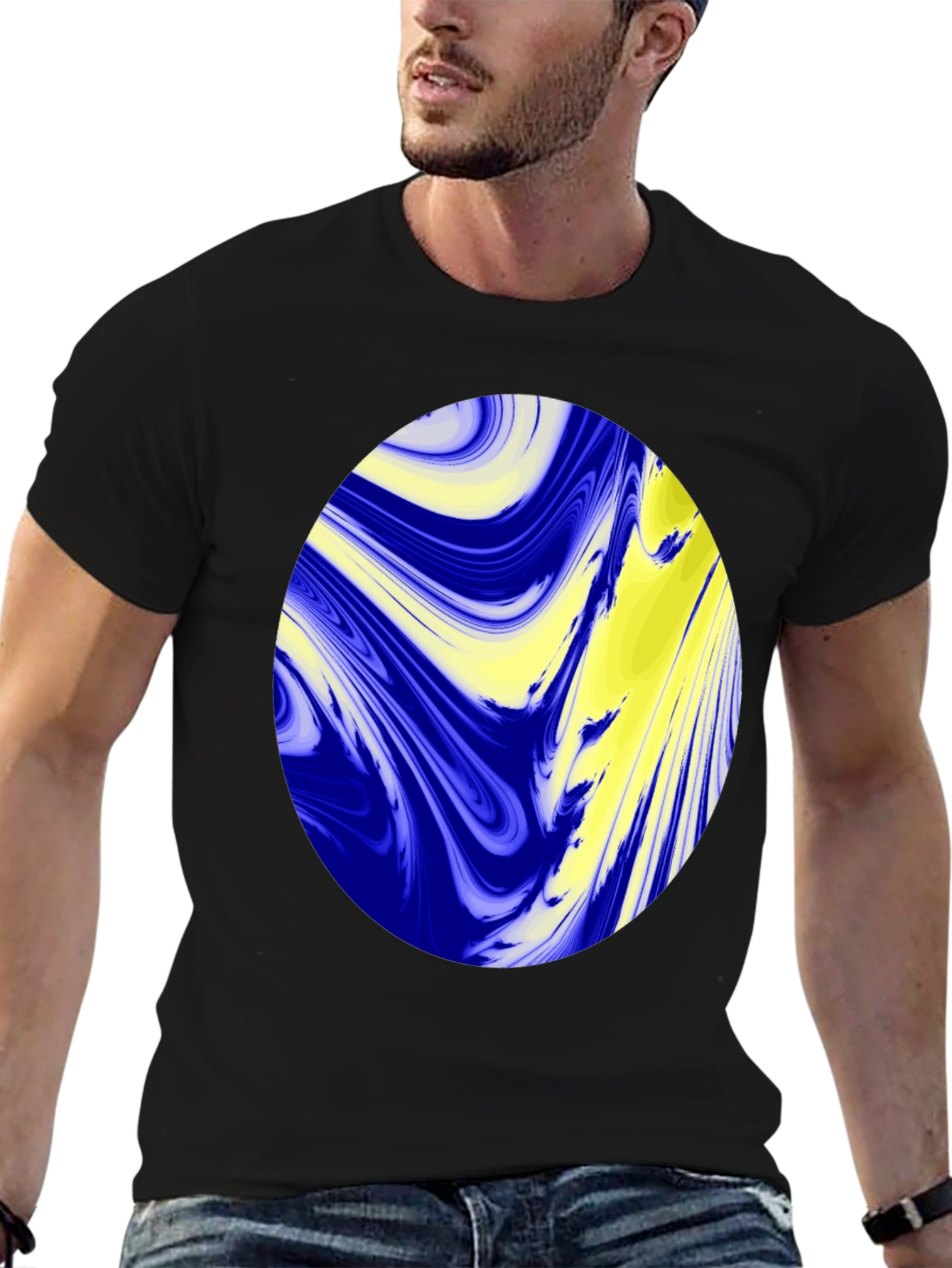 Camiseta Negra con Diseño Abstracto Azul y Amarillo