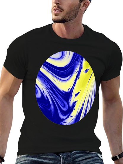 Camiseta Negra con Diseño Abstracto Azul y Amarillo