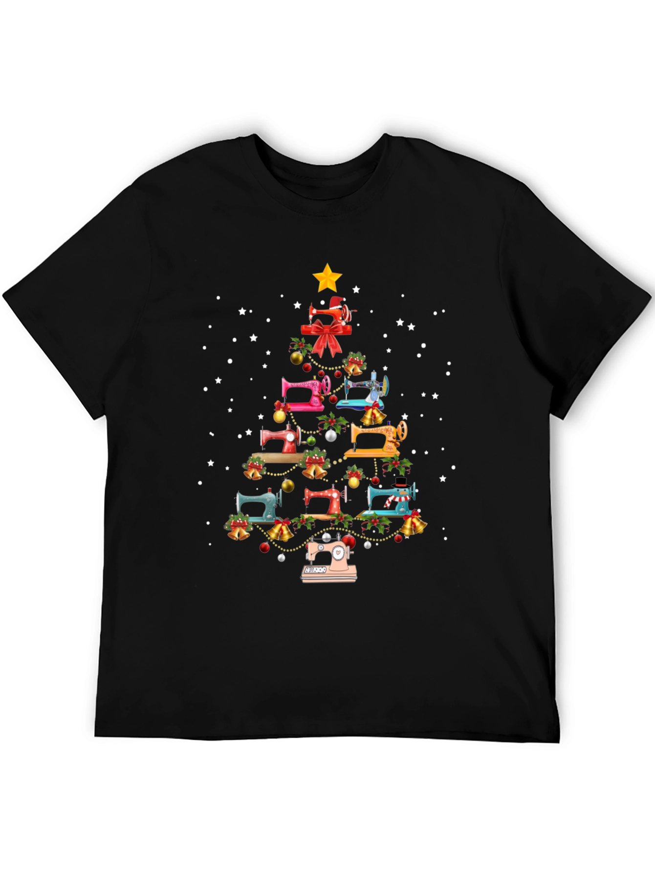 Camiseta Negra Árbol de Navidad Máquinas de Coser
