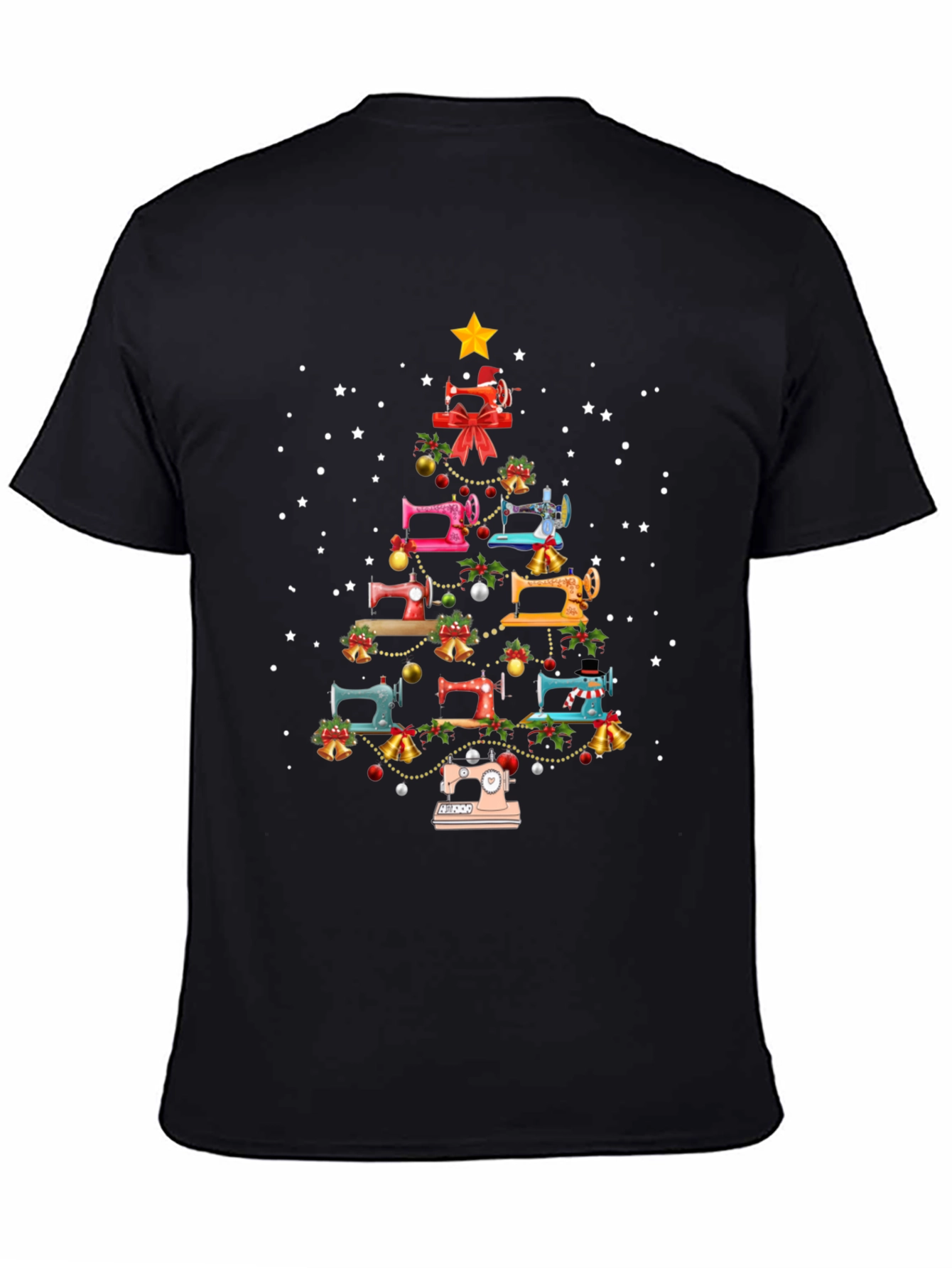 Camiseta Negra Árbol de Navidad Máquinas de Coser