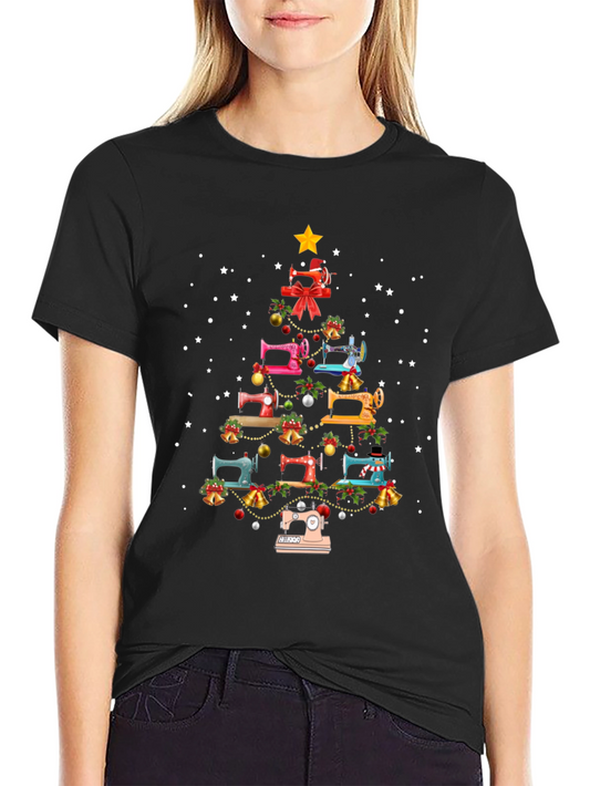 Camiseta Negra Árbol de Navidad Máquinas de Coser