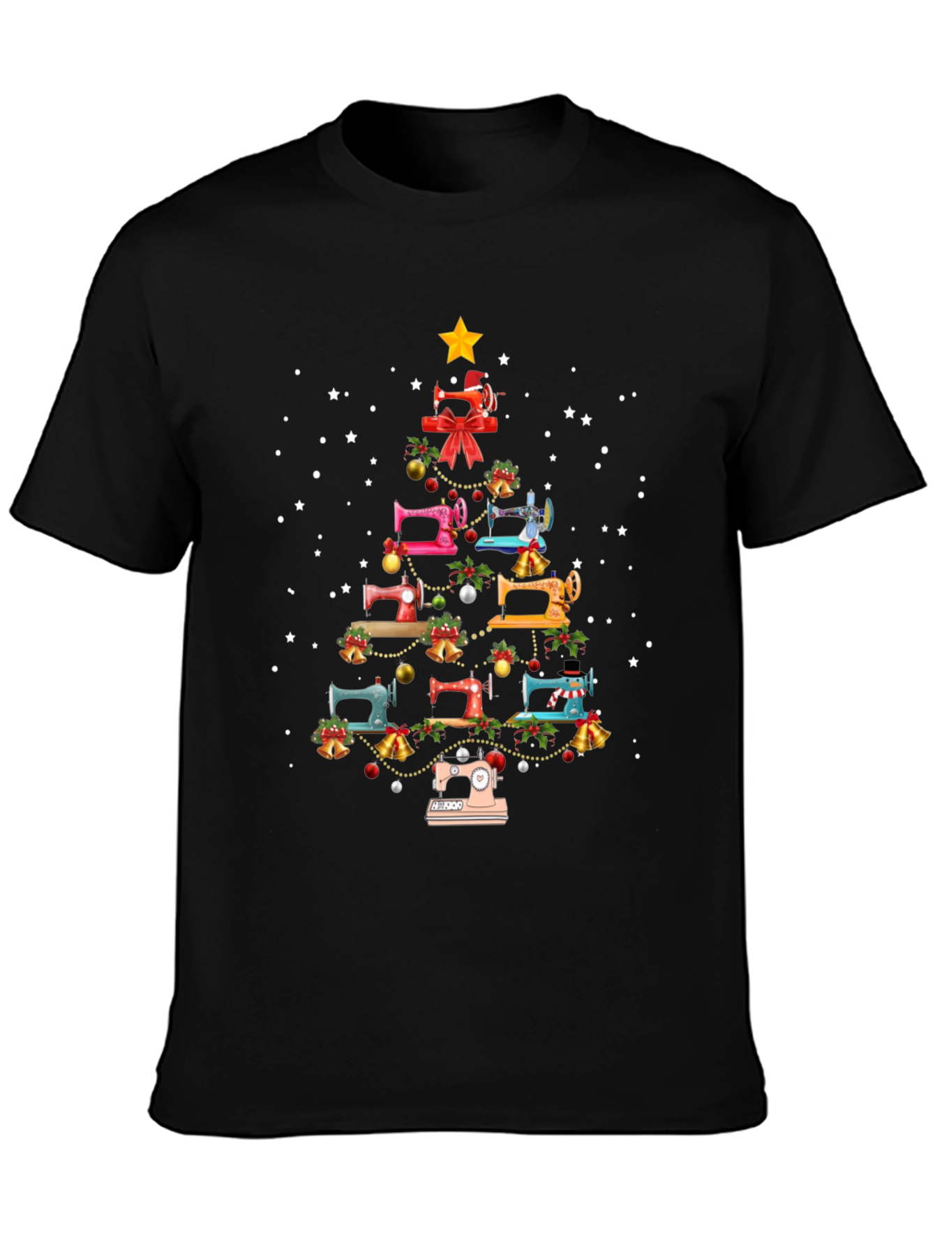 Camiseta Negra Árbol de Navidad Máquinas de Coser