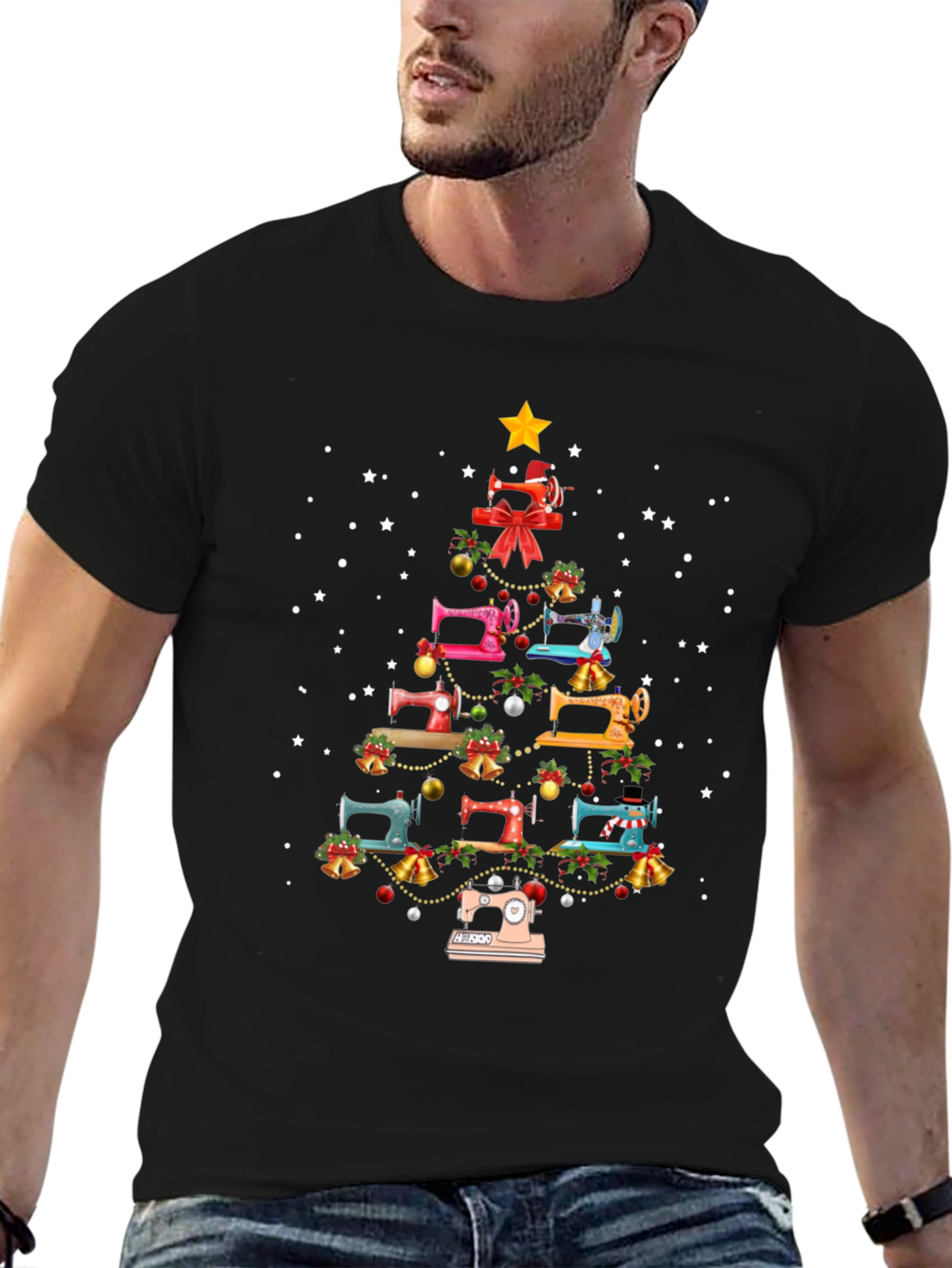 Camiseta Negra Árbol de Navidad Máquinas de Coser