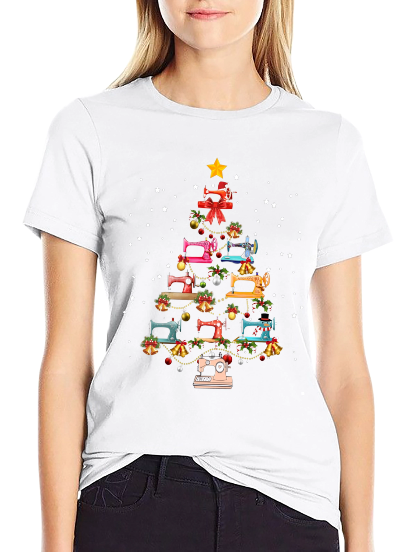Camiseta Negra Árbol de Navidad Máquinas de Coser