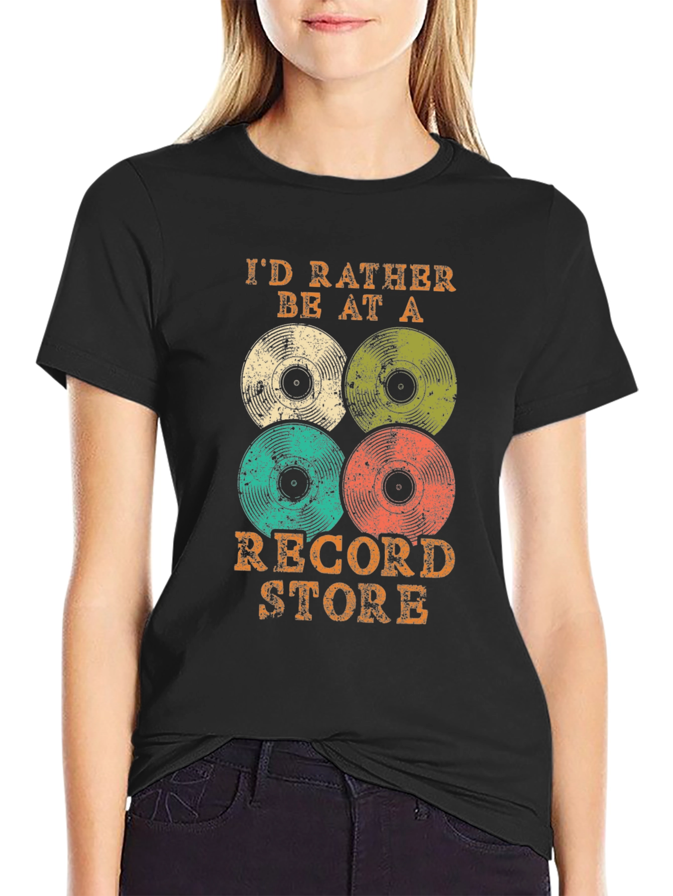 Camiseta Negra con Diseño de Vinilos Retro