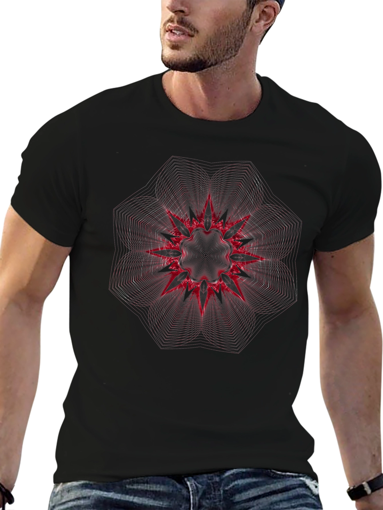 Camiseta Negra con Diseño Abstracto Rojo Intenso