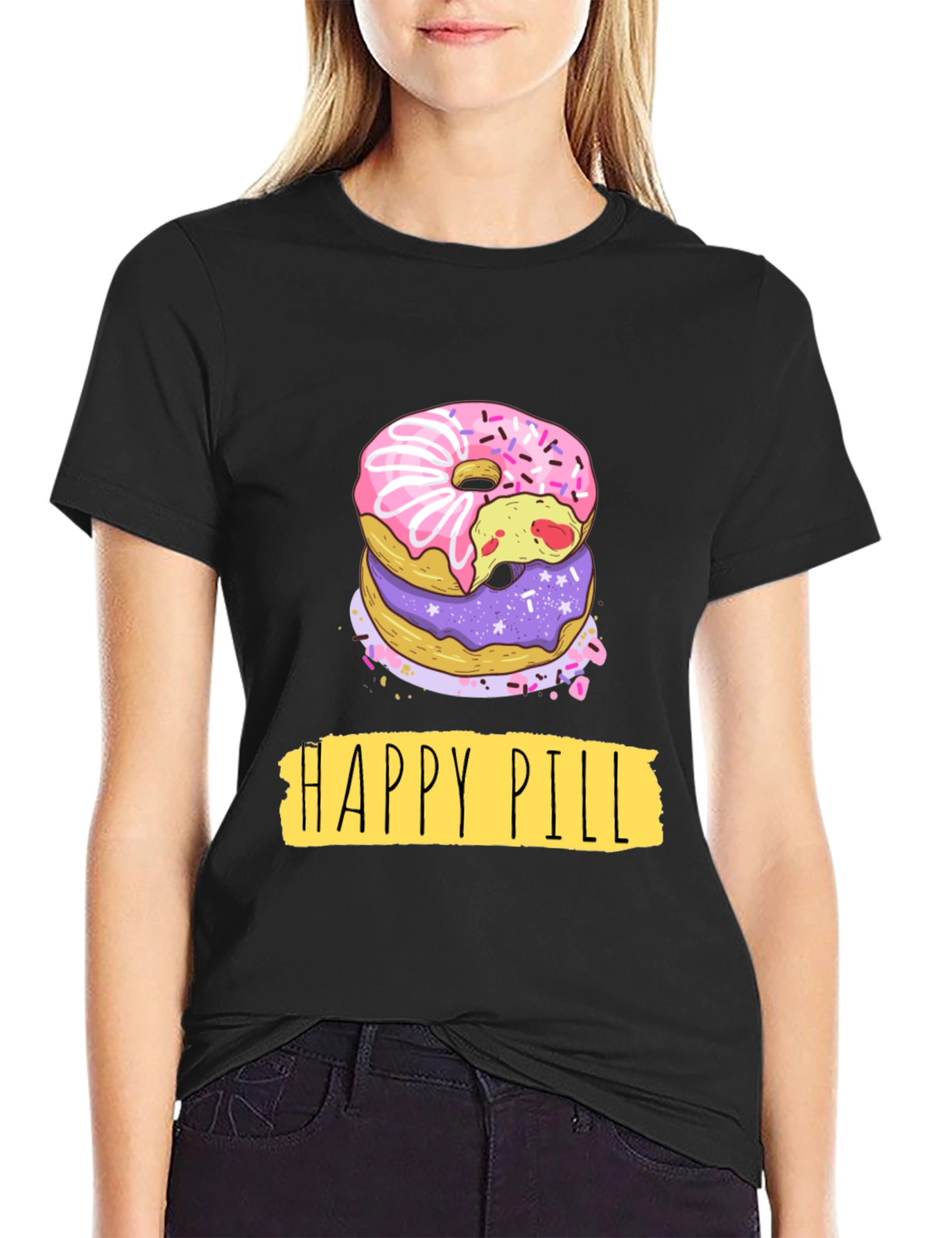 Camiseta Negra Donas Happy Pill