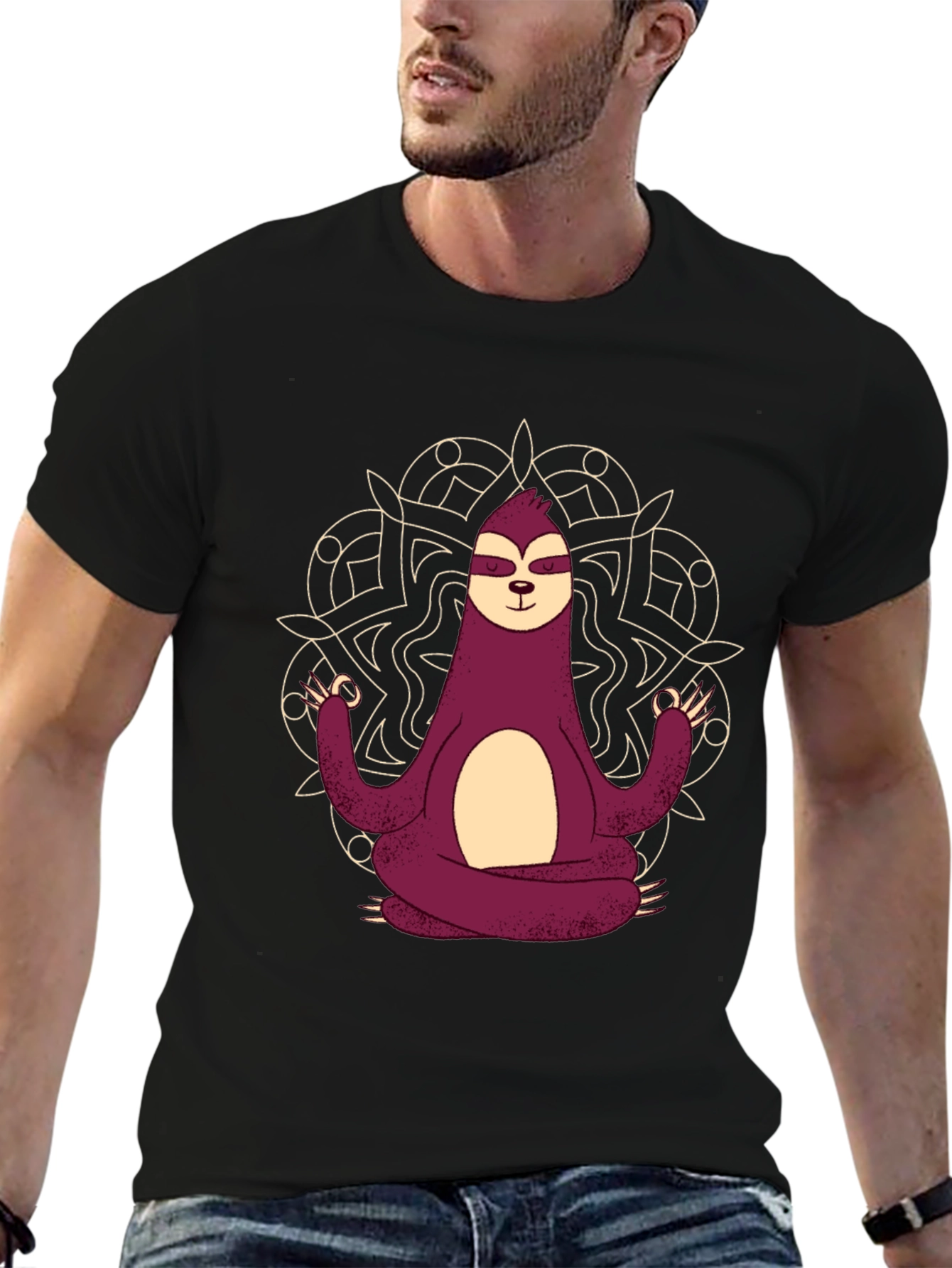 Camiseta Hombre Sloth Yoga Mandala Negra