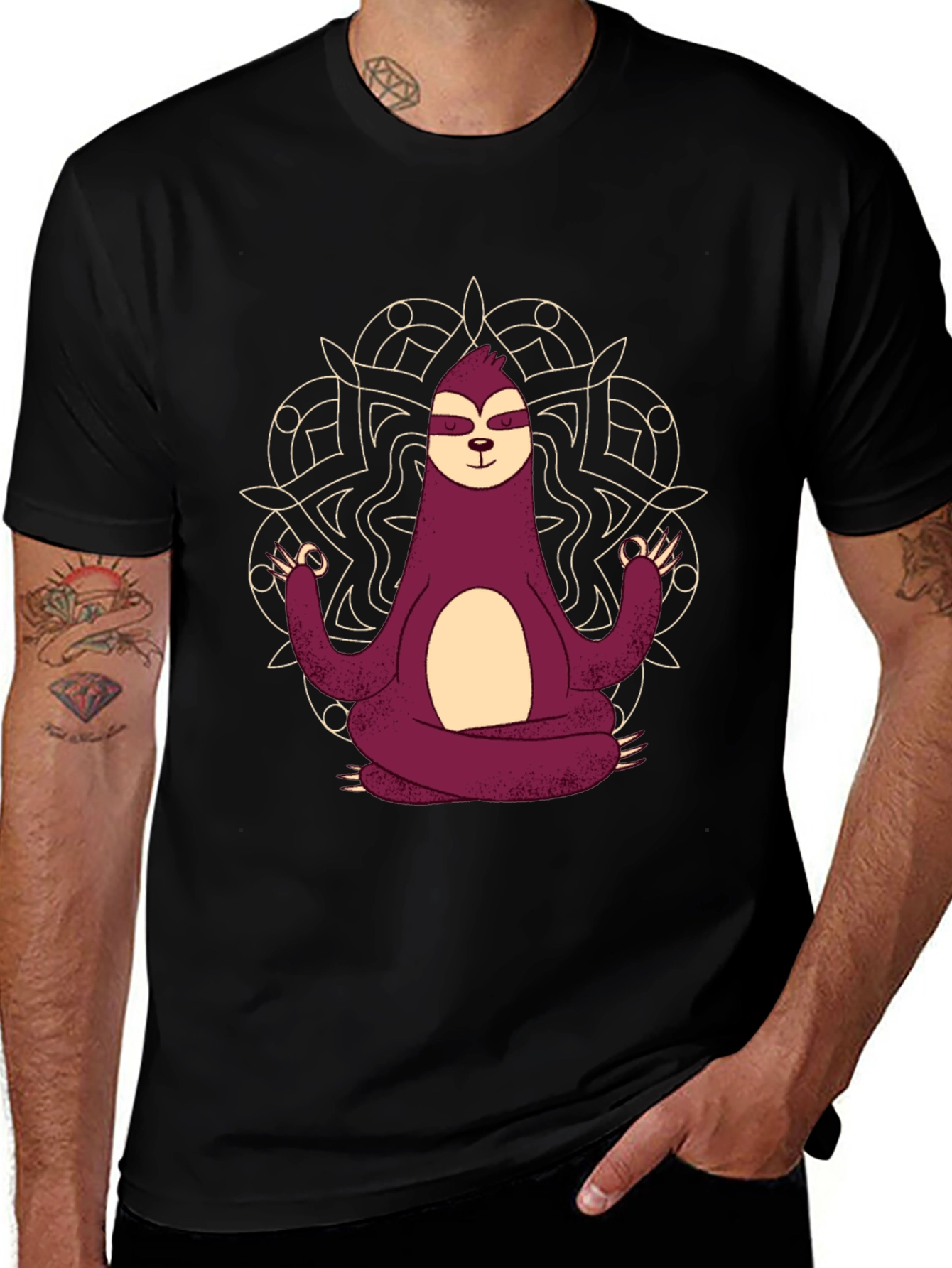 Camiseta Hombre Sloth Yoga Mandala Negra