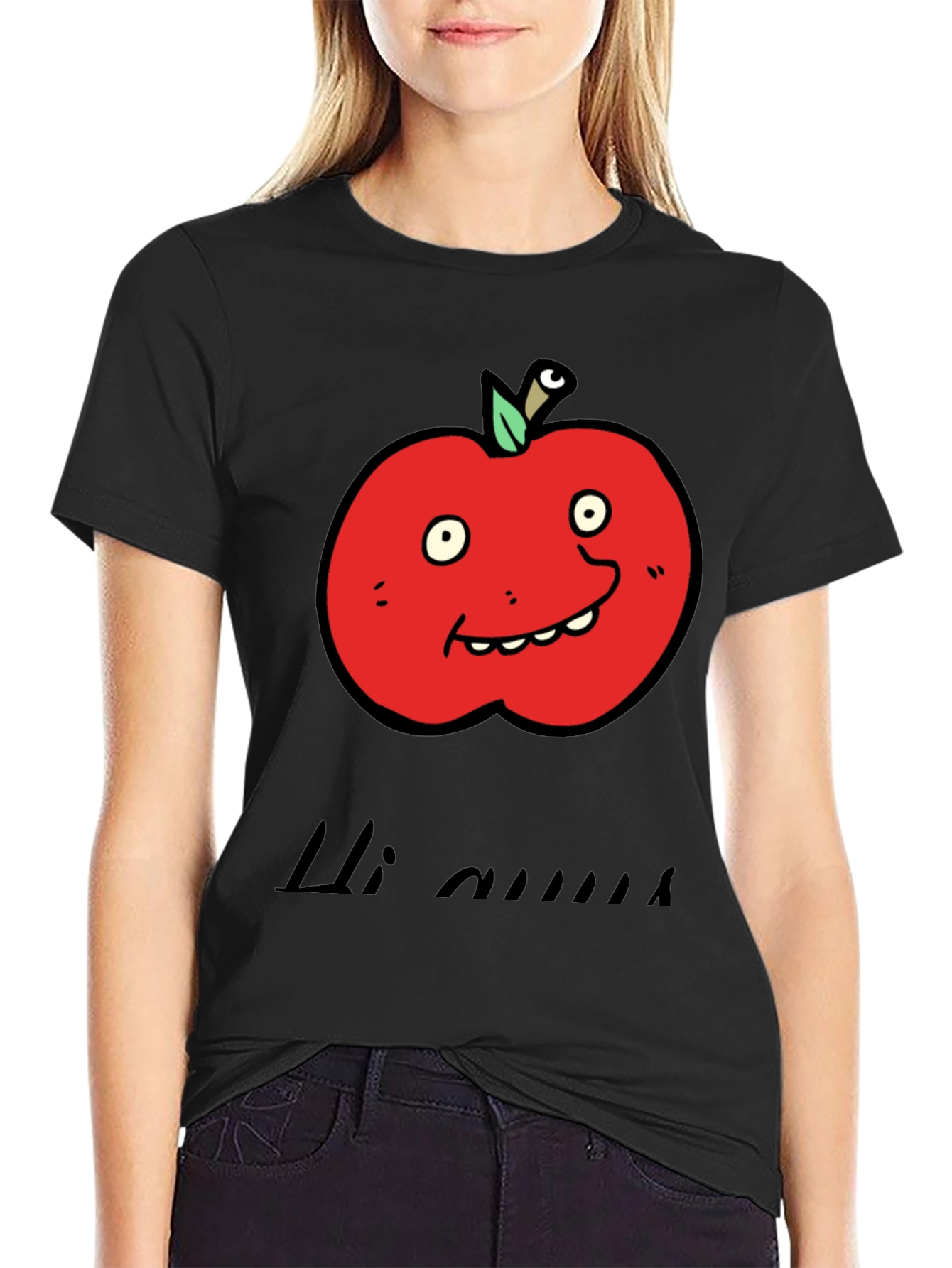 Camiseta Negra con Diseño de Manzana Animada