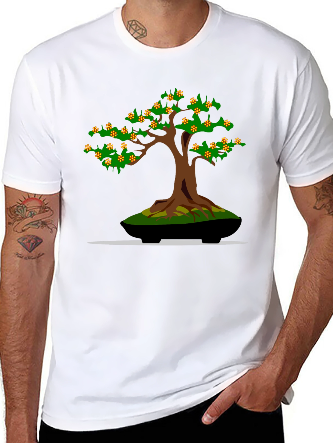 Camiseta Negra con Diseño de Bonsái Floreciente