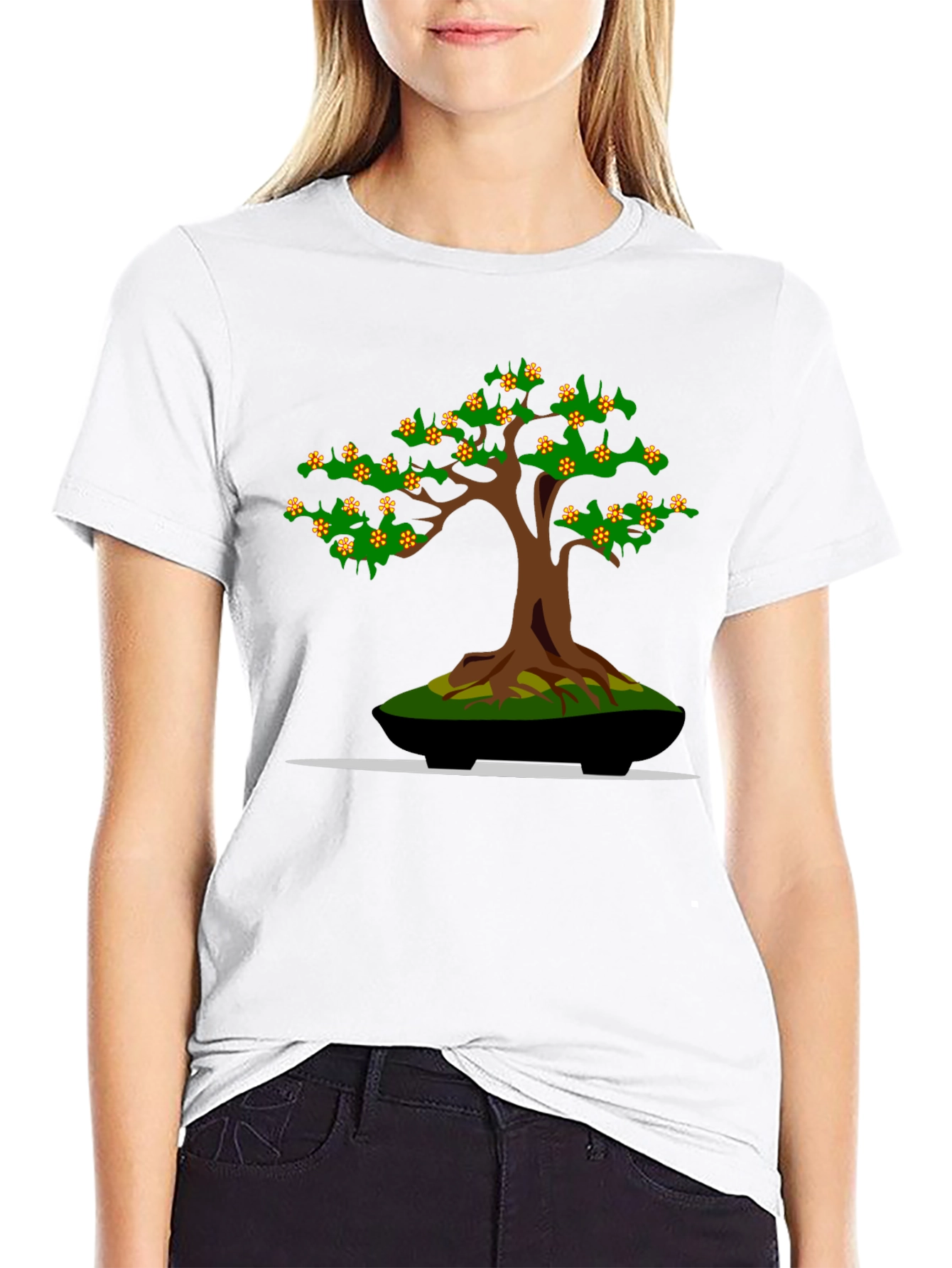 Camiseta Negra con Diseño de Bonsái Floreciente