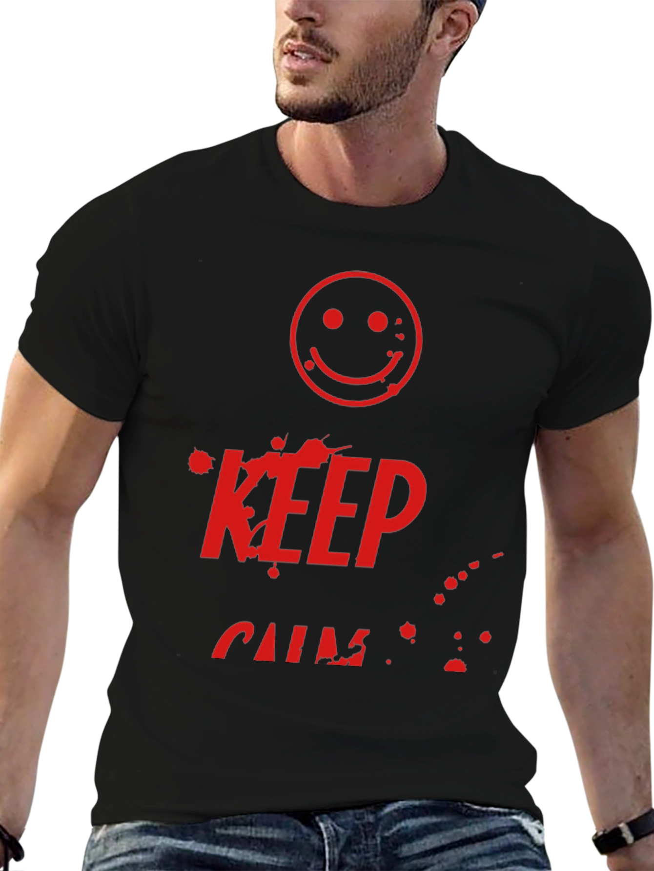 Camiseta Negra Keep Calm con Estampado Gráfico Rojo