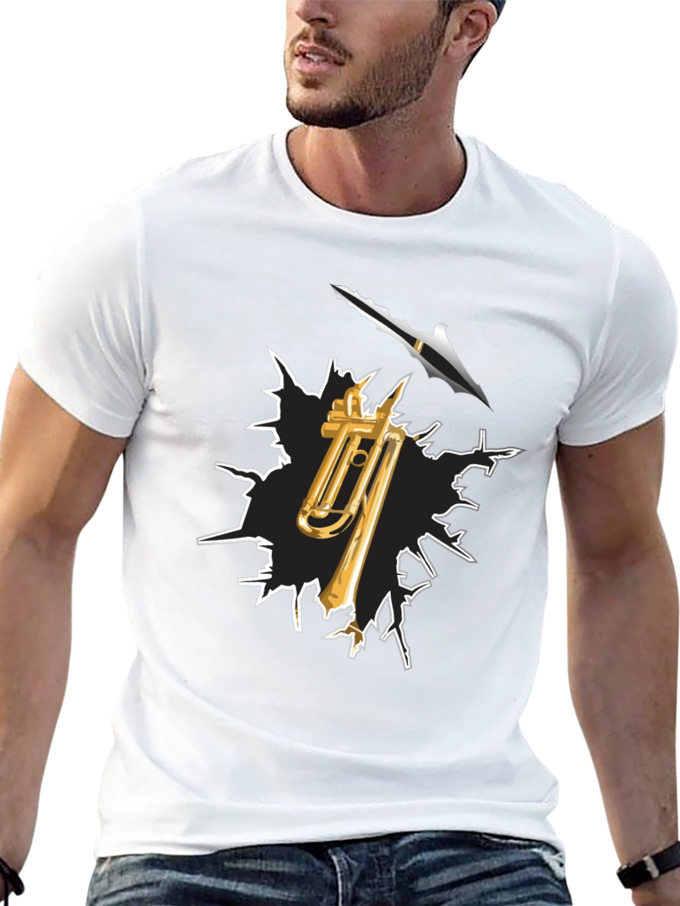 Camiseta Negra con Diseño de Trombón y Flecha