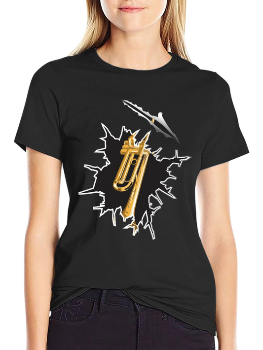 Camiseta Negra con Diseño de Trombón y Flecha