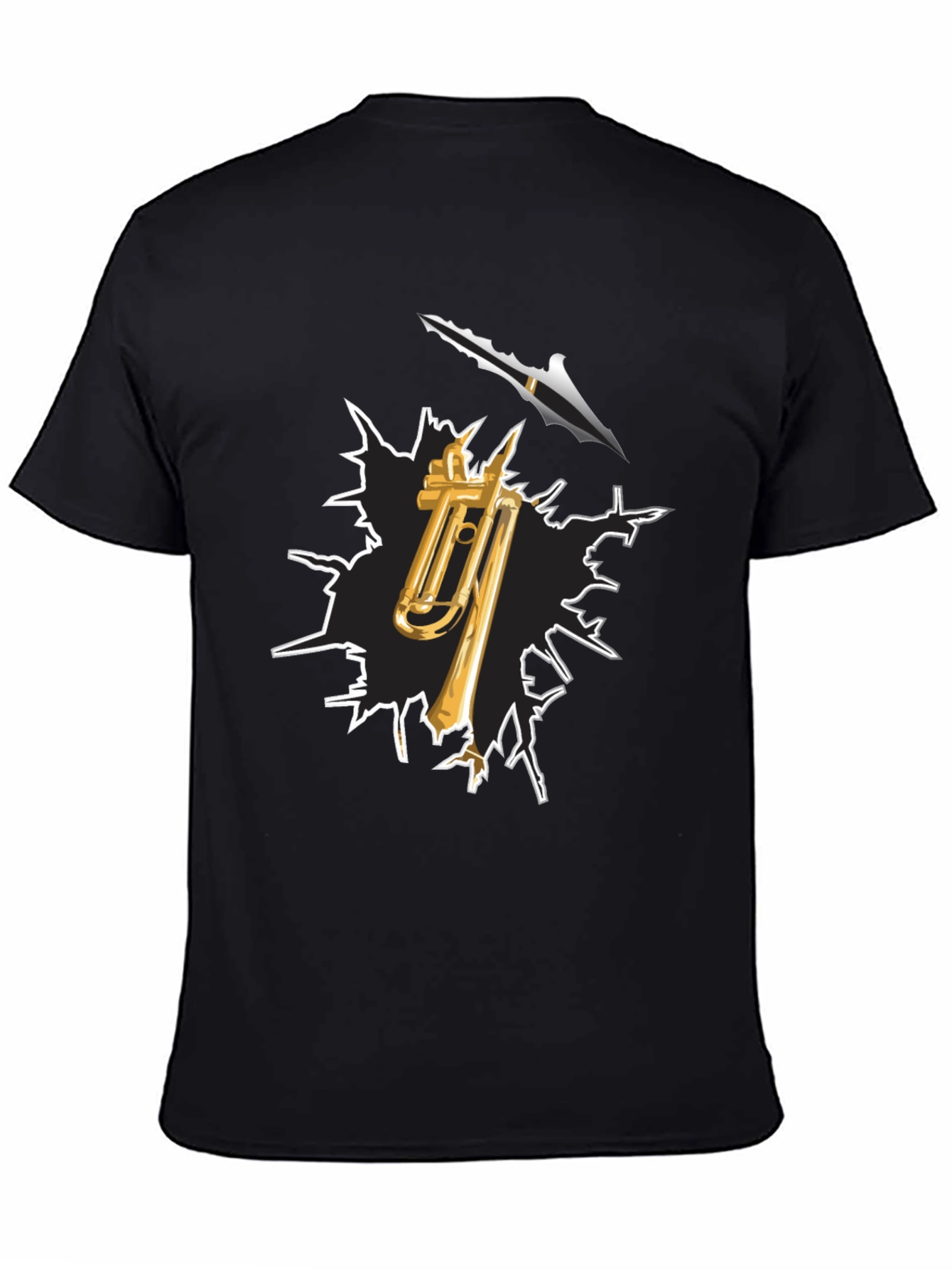 Camiseta Negra con Diseño de Trombón y Flecha