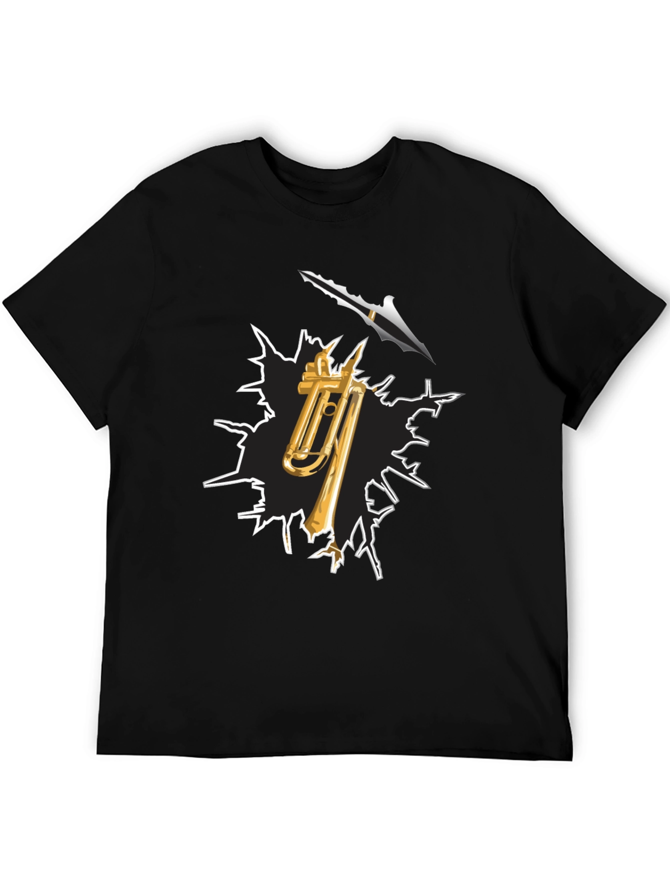 Camiseta Negra con Diseño de Trombón y Flecha