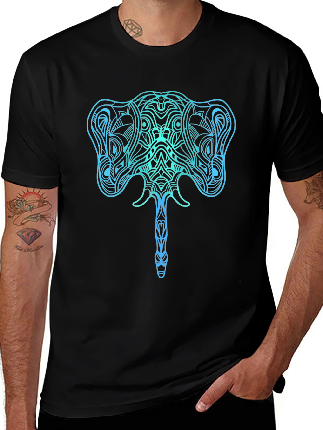 Camiseta Negra con Diseño de Elefante Azul