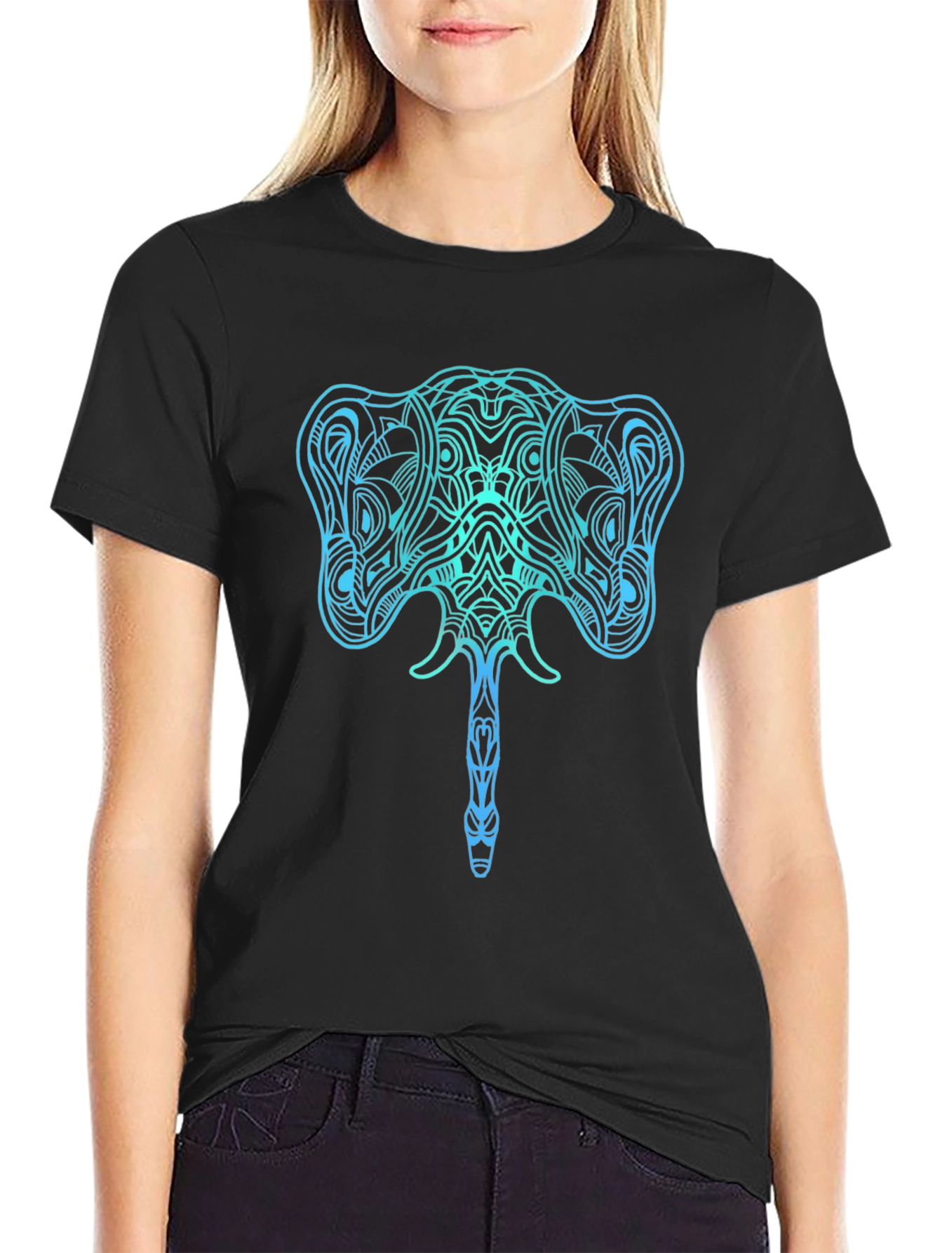 Camiseta Negra con Diseño de Elefante Azul