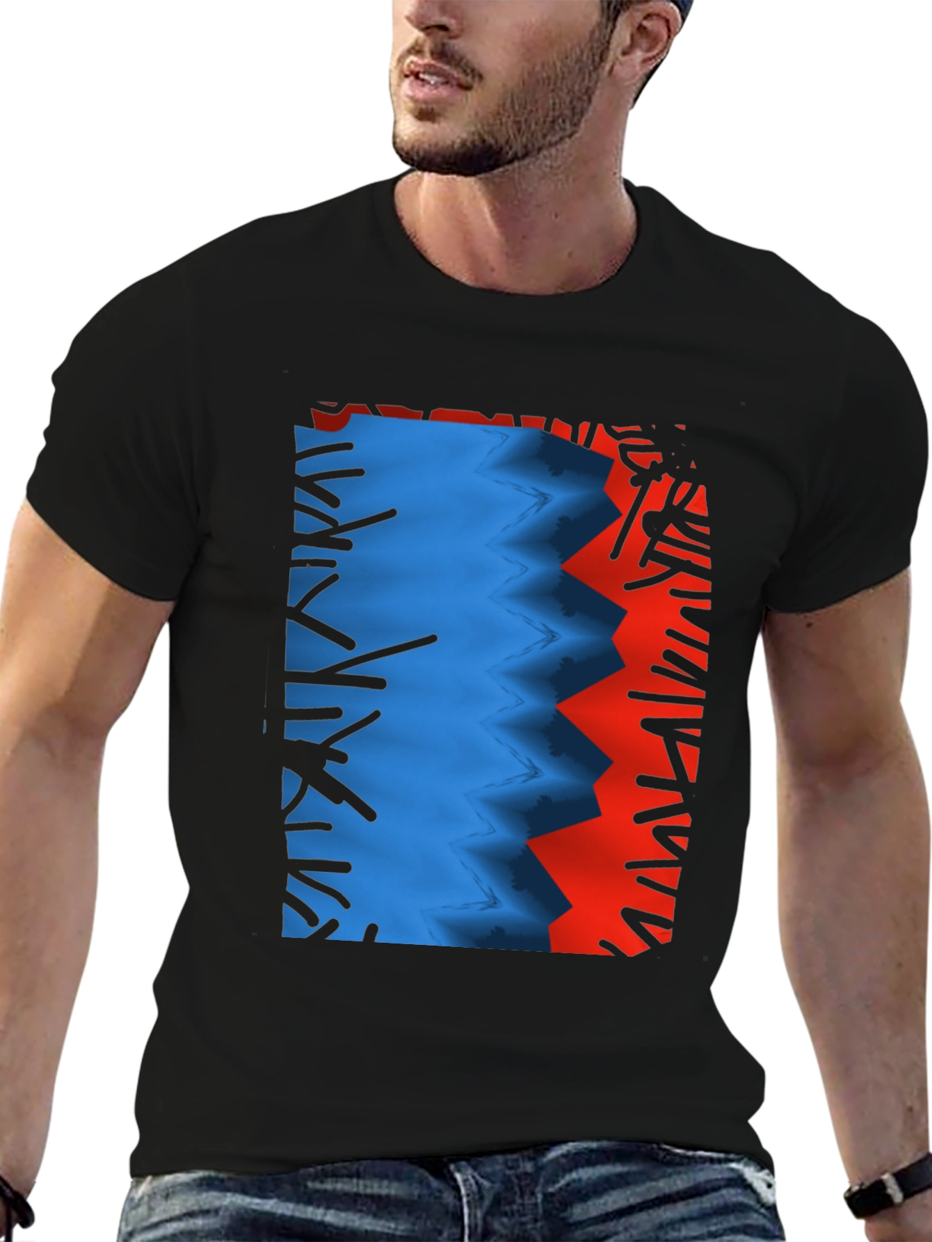 Camiseta Negra con Diseño Abstracto Azul y Rojo