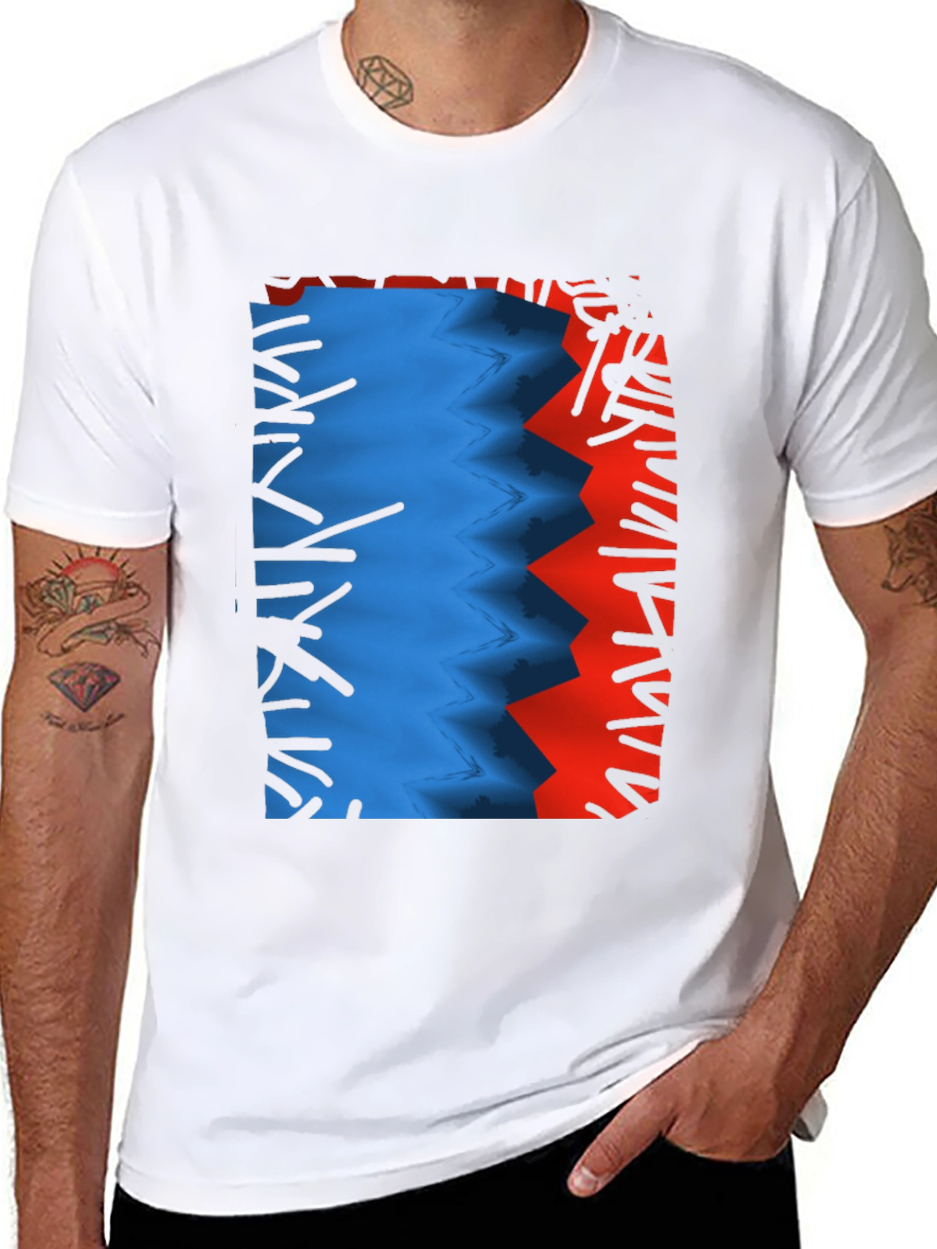 Camiseta Negra con Diseño Abstracto Azul y Rojo