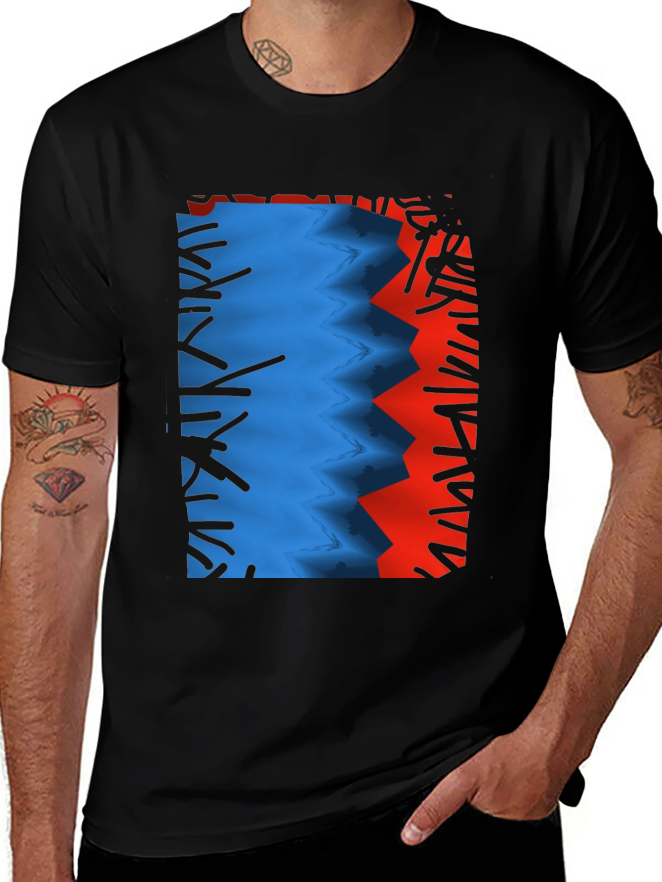 Camiseta Negra con Diseño Abstracto Azul y Rojo