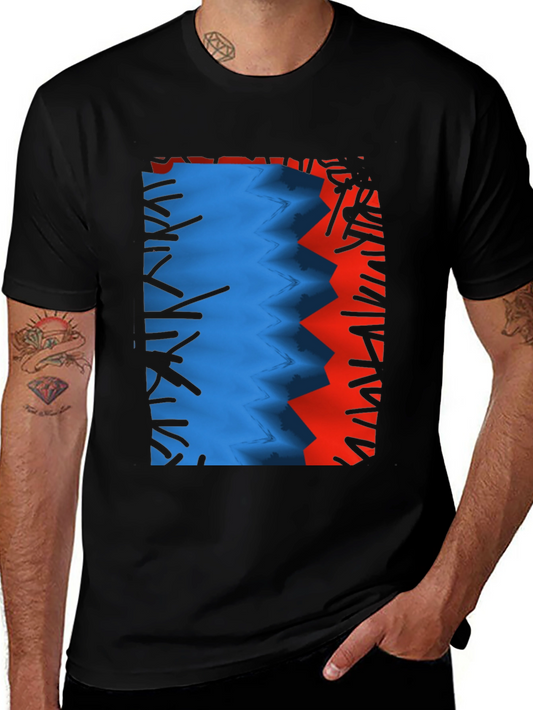 Camiseta Negra con Diseño Abstracto Azul y Rojo