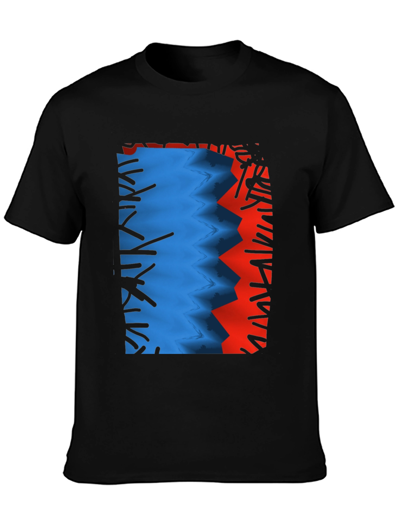 Camiseta Negra con Diseño Abstracto Azul y Rojo