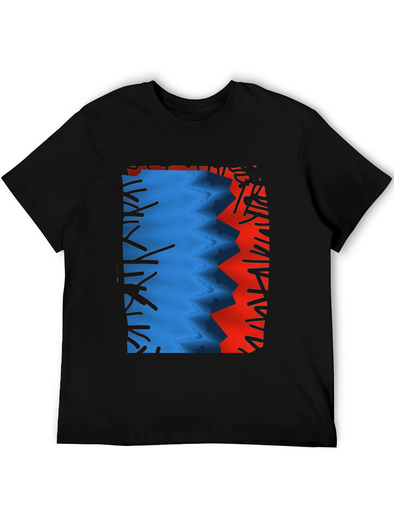 Camiseta Negra con Diseño Abstracto Azul y Rojo