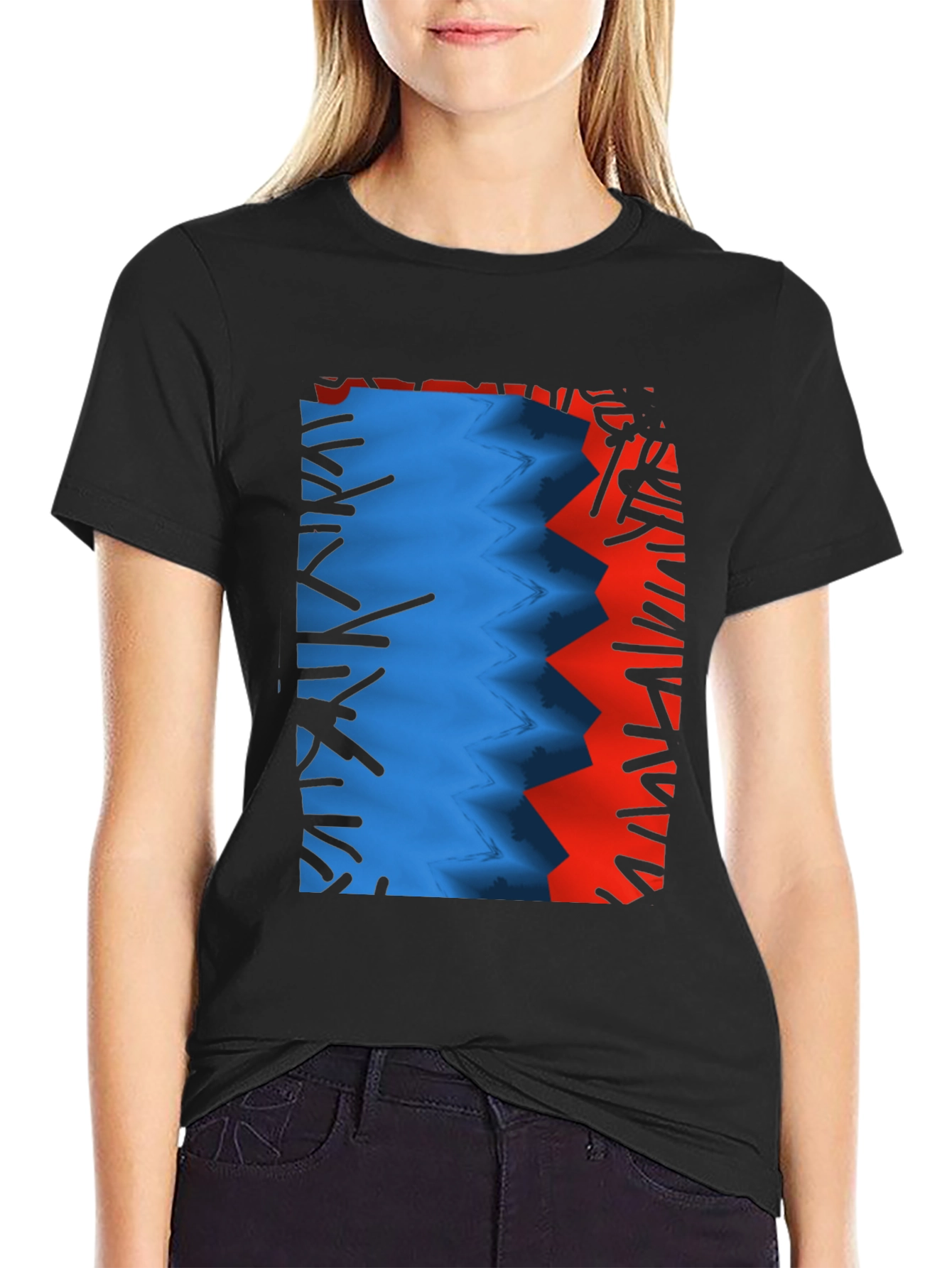 Camiseta Negra con Diseño Abstracto Azul y Rojo