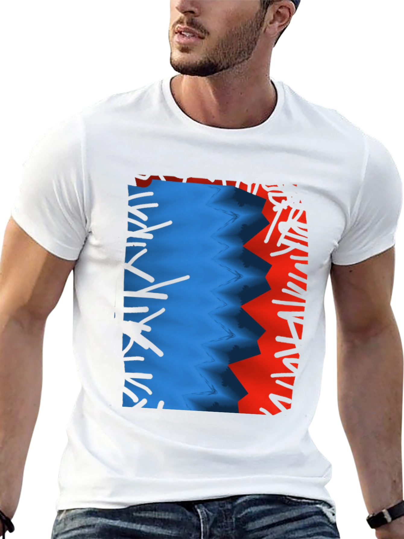 Camiseta Negra con Diseño Abstracto Azul y Rojo
