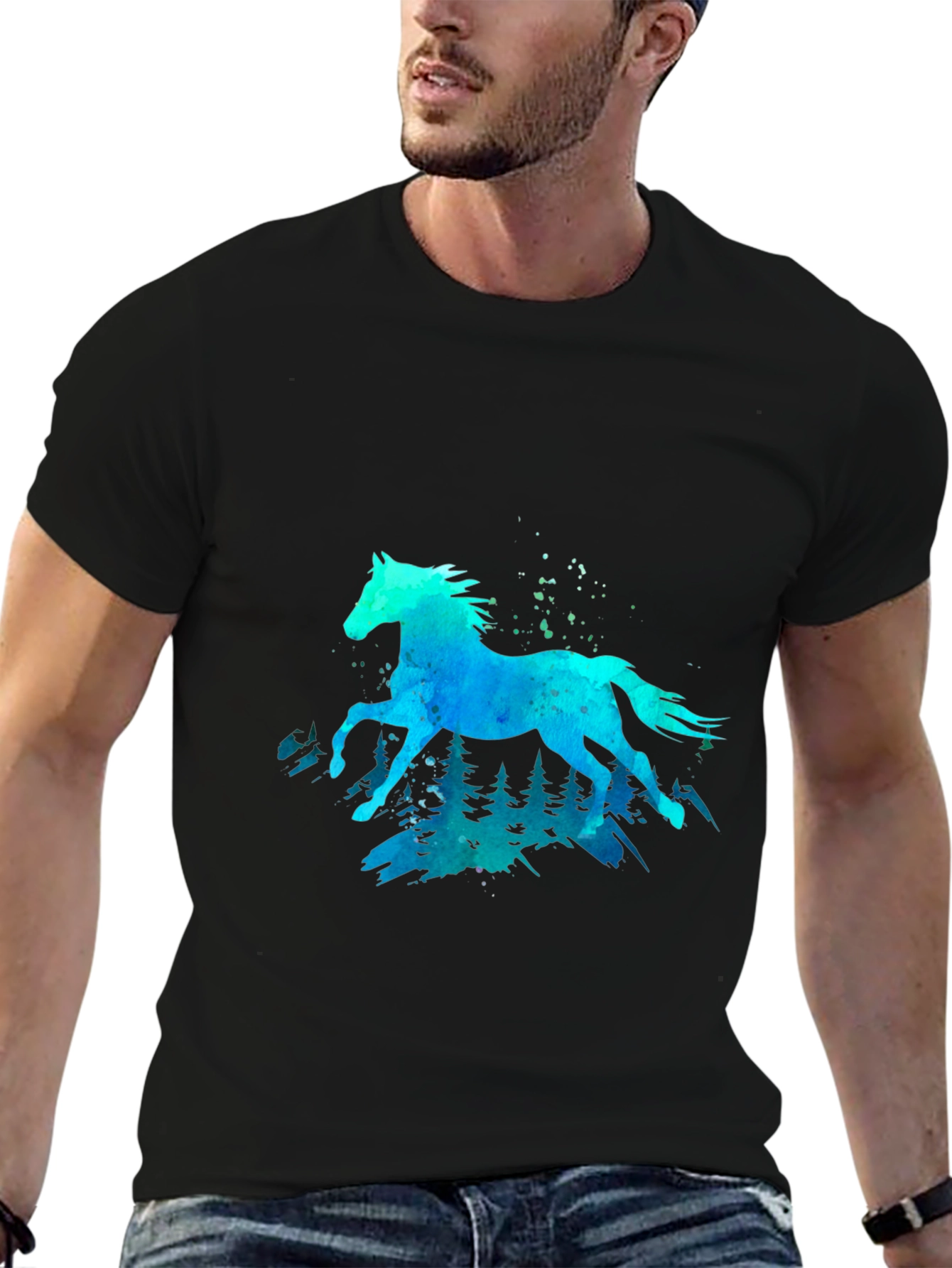 Camiseta Negra con Diseño de Caballo Acuarela