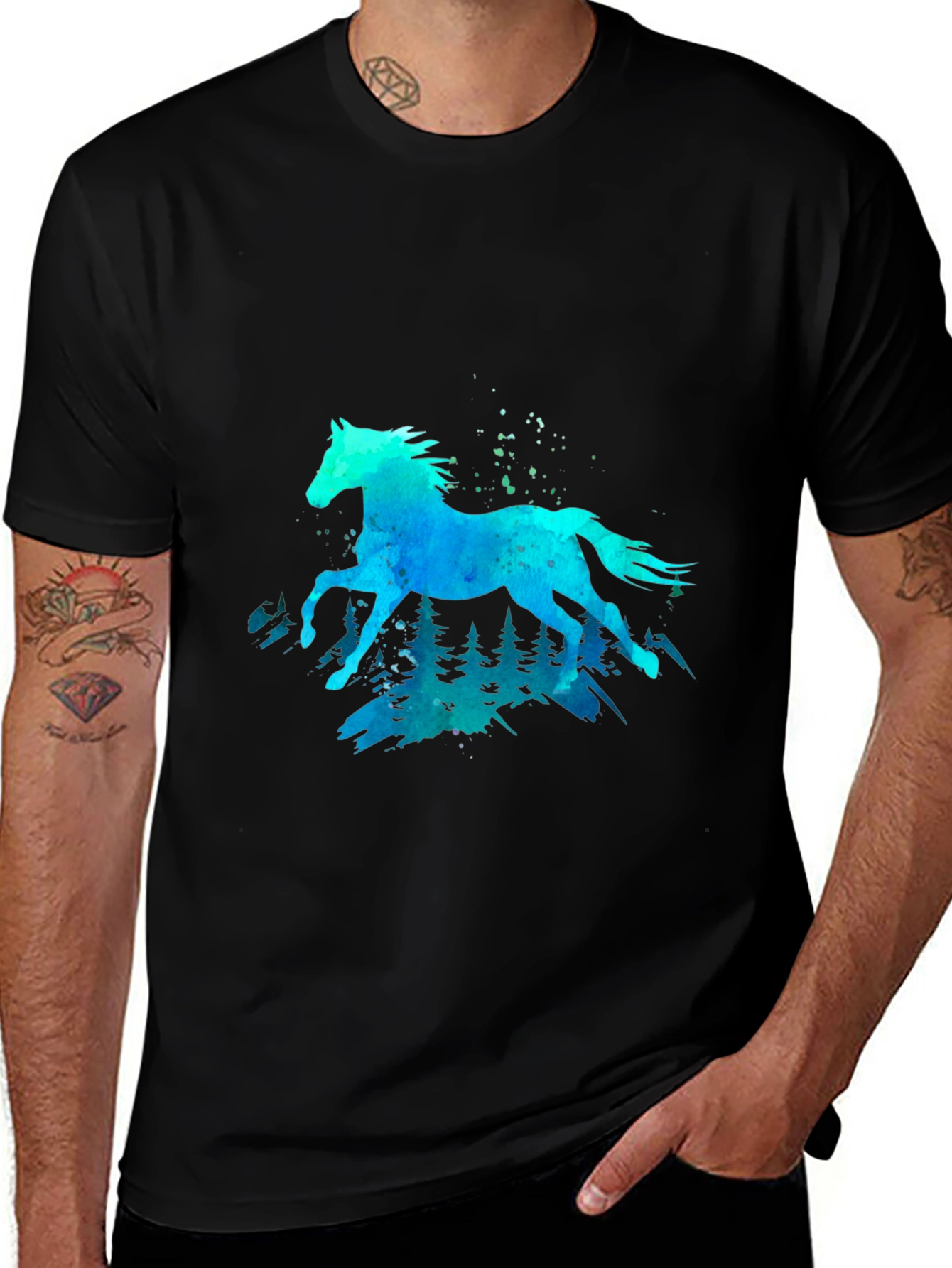 Camiseta Negra con Diseño de Caballo Acuarela