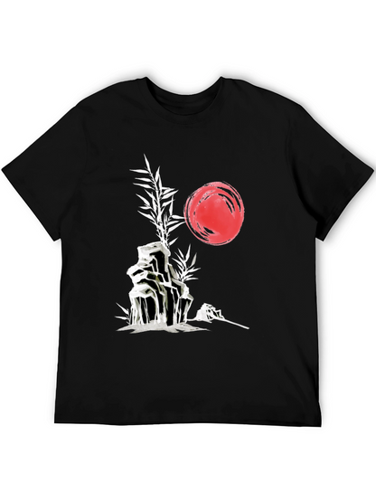 Camiseta Negra: Jardín Zen Japonés con Sol Rojo