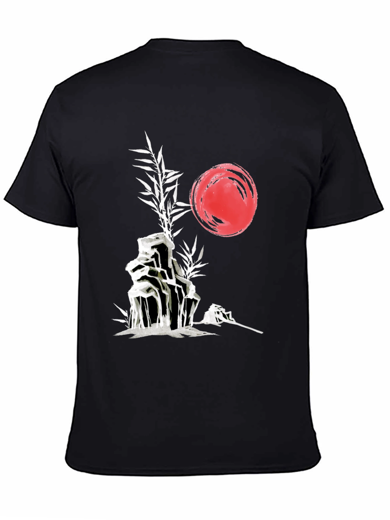 Camiseta Negra: Jardín Zen Japonés con Sol Rojo