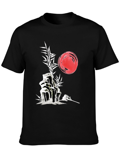 Camiseta Negra: Jardín Zen Japonés con Sol Rojo