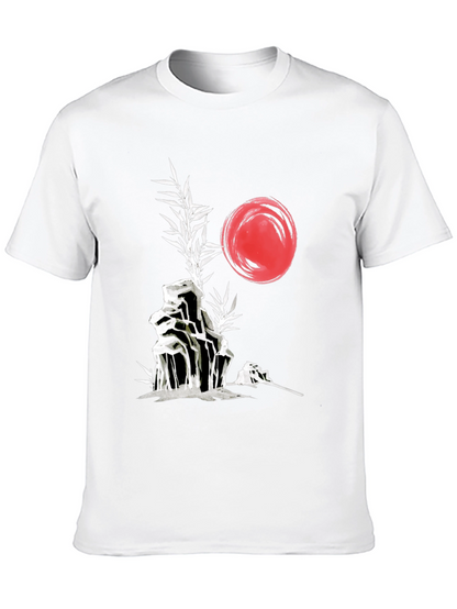 Camiseta Negra: Jardín Zen Japonés con Sol Rojo