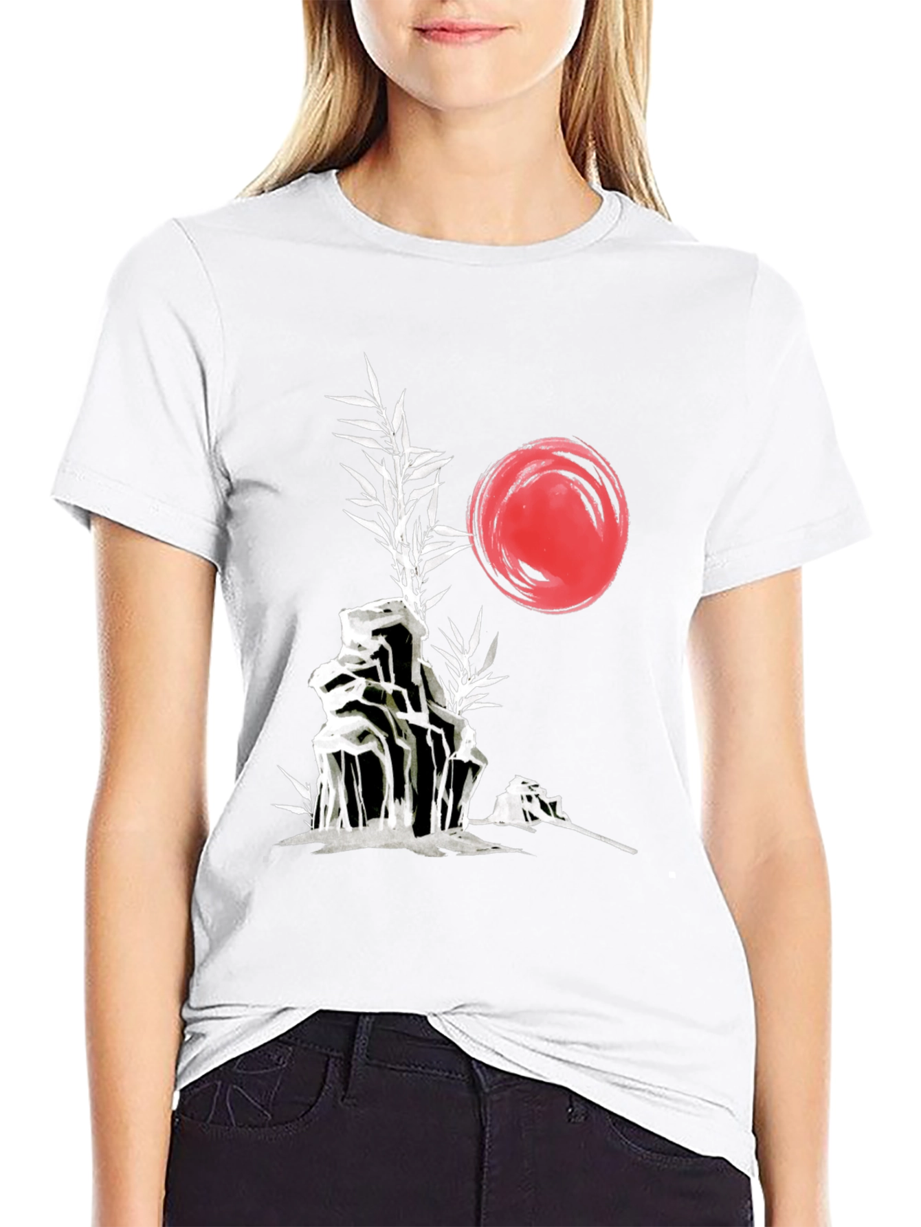 Camiseta Negra: Jardín Zen Japonés con Sol Rojo