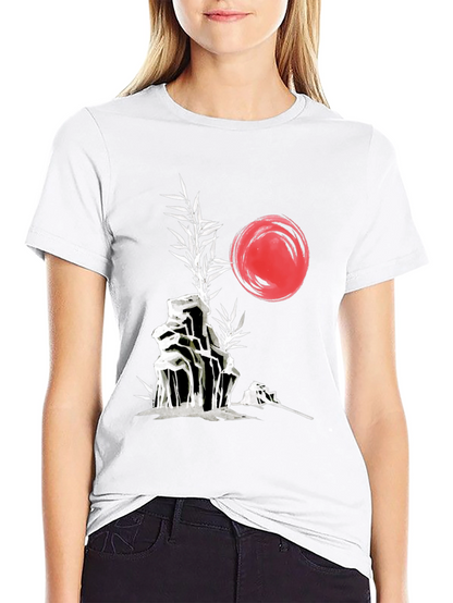Camiseta Negra: Jardín Zen Japonés con Sol Rojo
