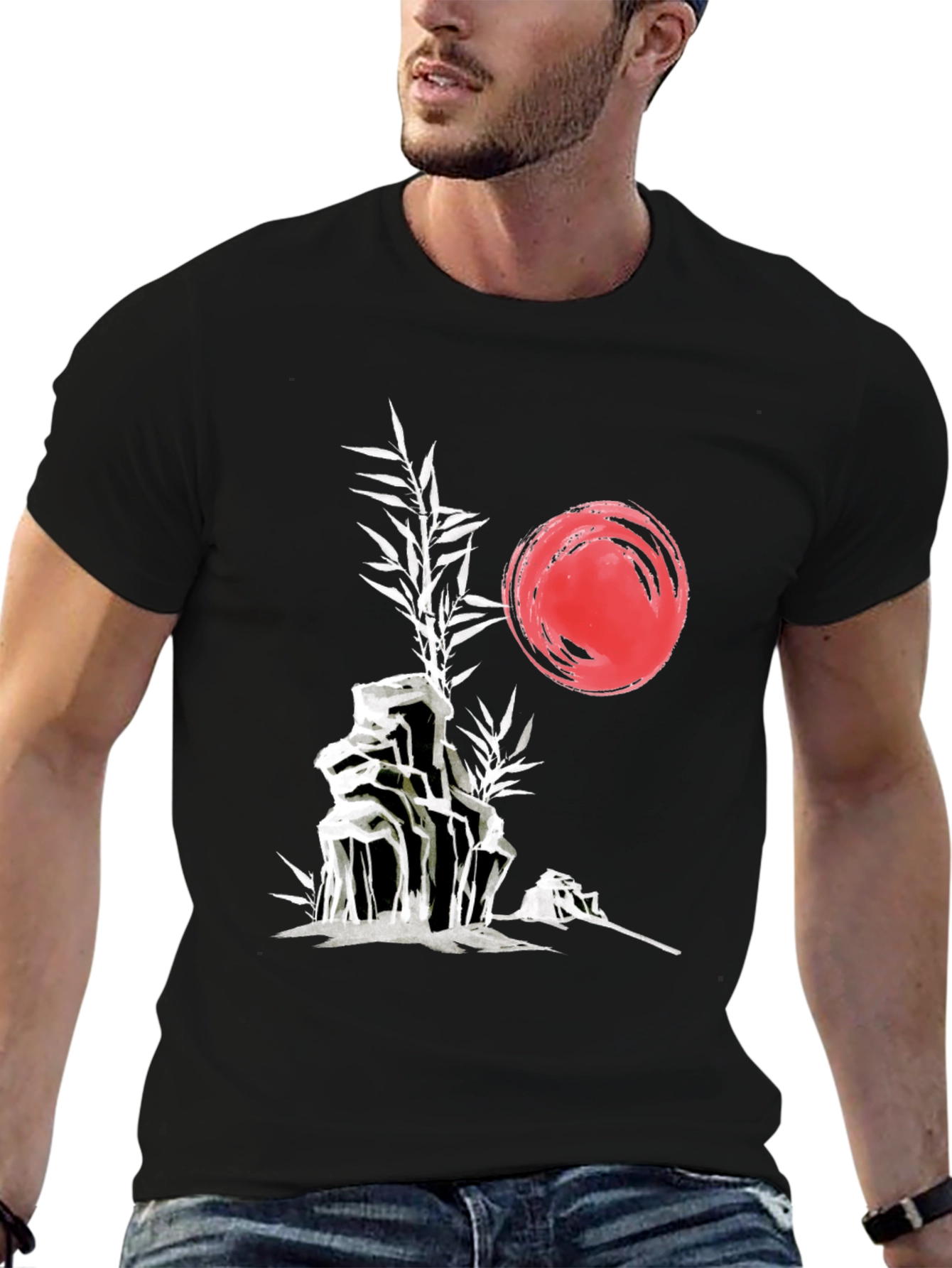 Camiseta Negra: Jardín Zen Japonés con Sol Rojo