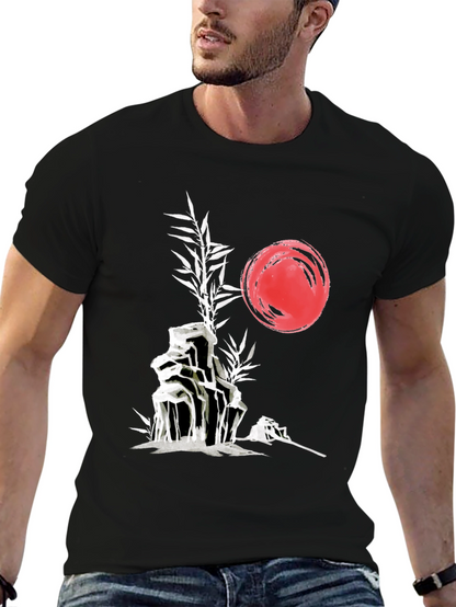 Camiseta Negra: Jardín Zen Japonés con Sol Rojo