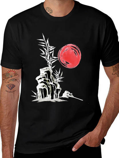 Camiseta Negra: Jardín Zen Japonés con Sol Rojo