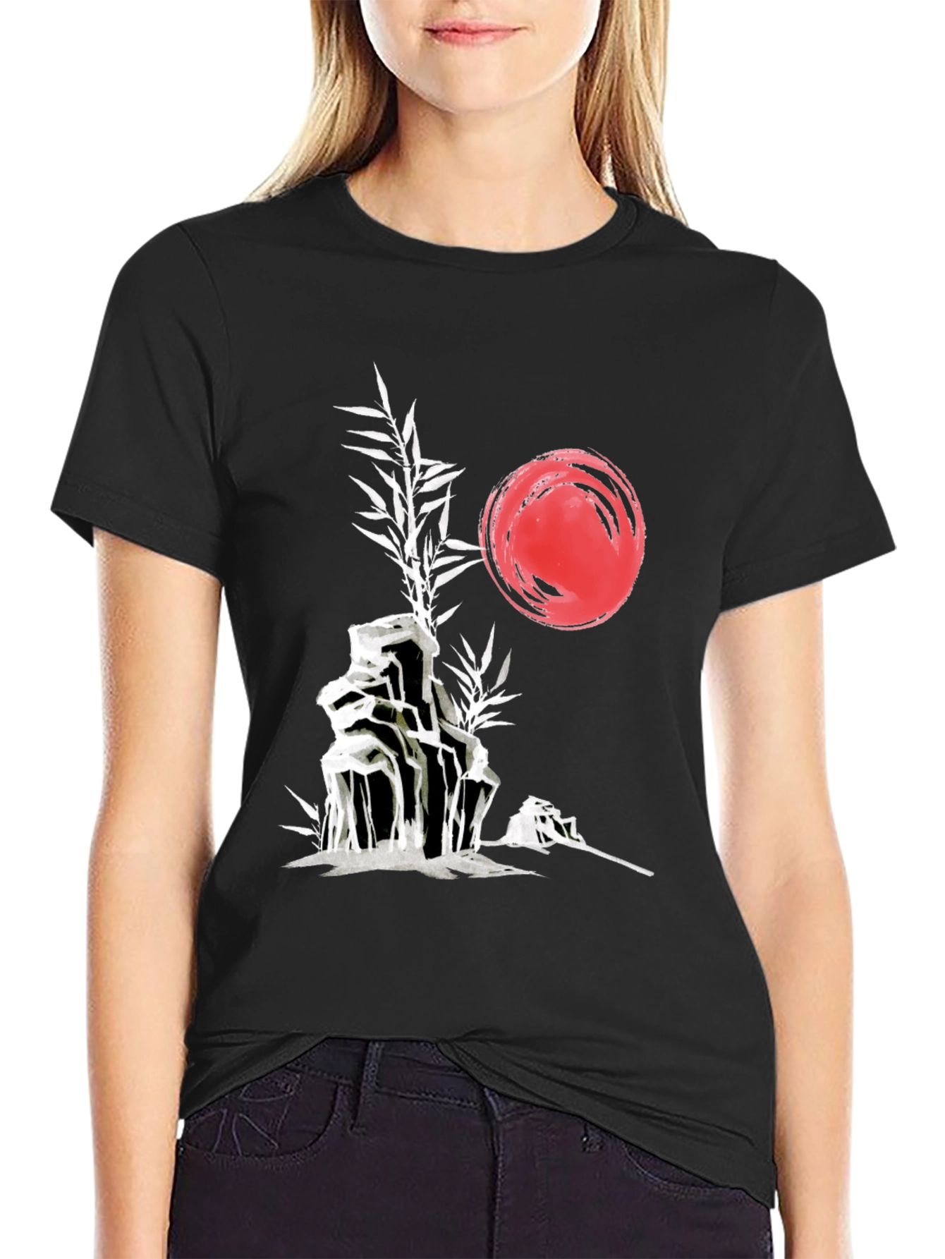 Camiseta Negra: Jardín Zen Japonés con Sol Rojo